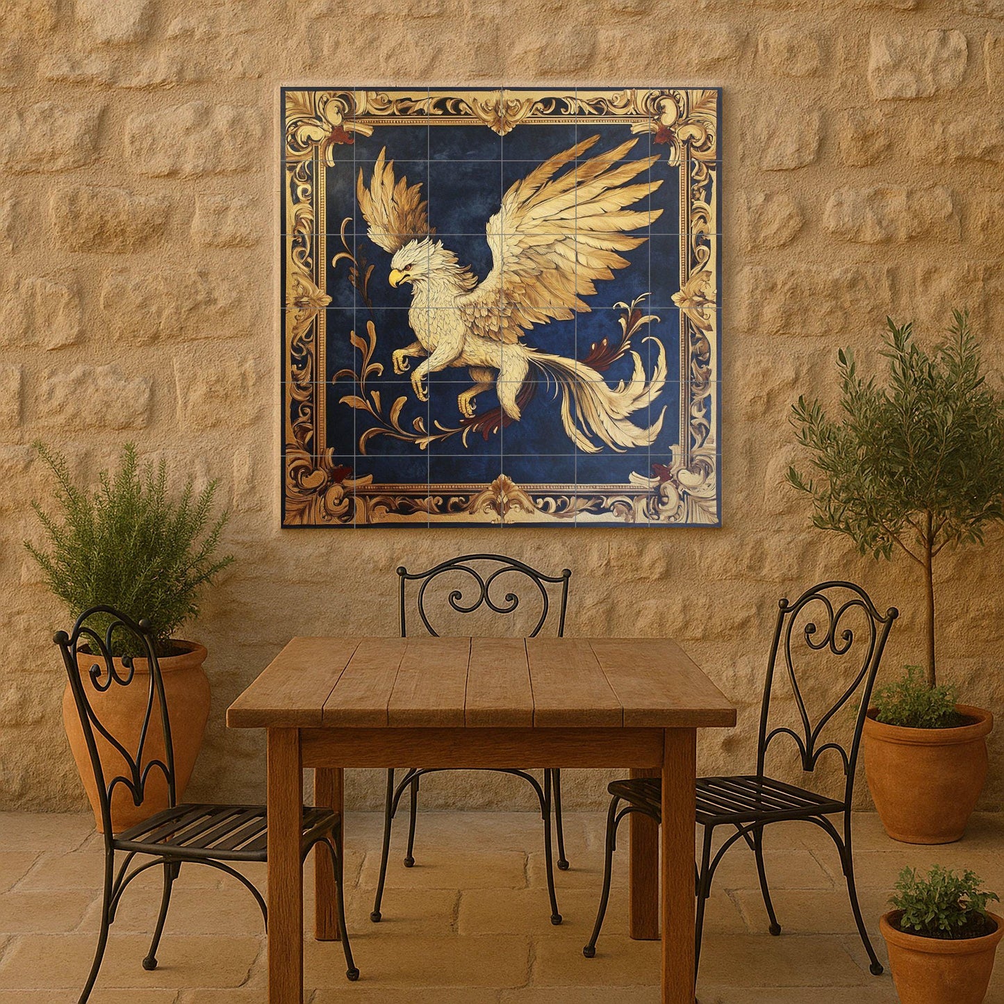 Golden griffin ceramic wall mural with heraldic frame and dark blue background, fantasy mythical creature tile art, handmade medieval decor