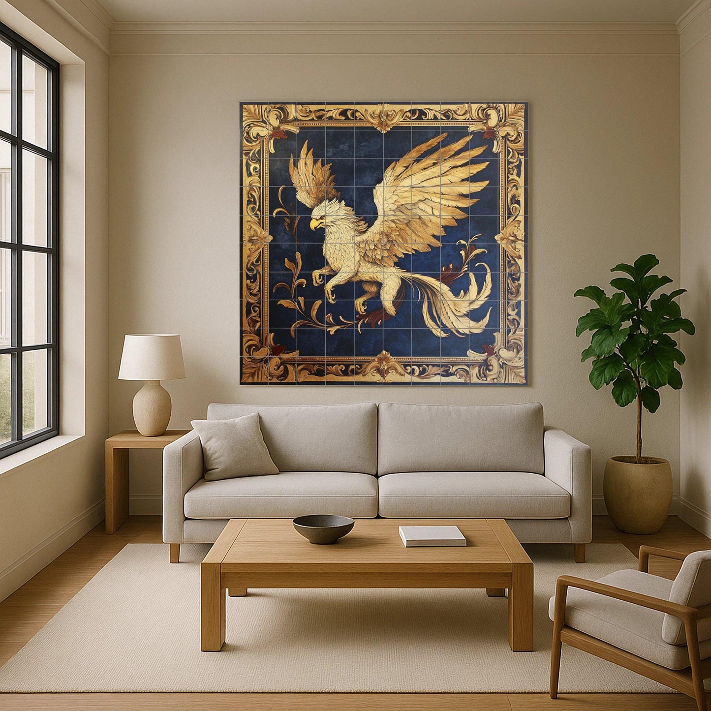 Golden griffin ceramic wall mural with heraldic frame and dark blue background, fantasy mythical creature tile art, handmade medieval decor