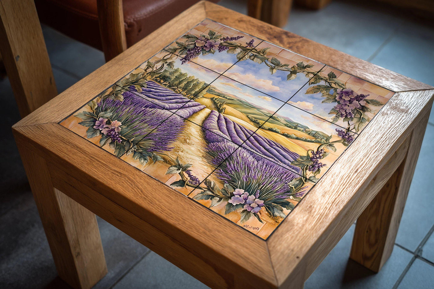 Ceramic wall mural with lavender field and Tuscan vine frame, Mediterranean floral art, handmade rustic decor.