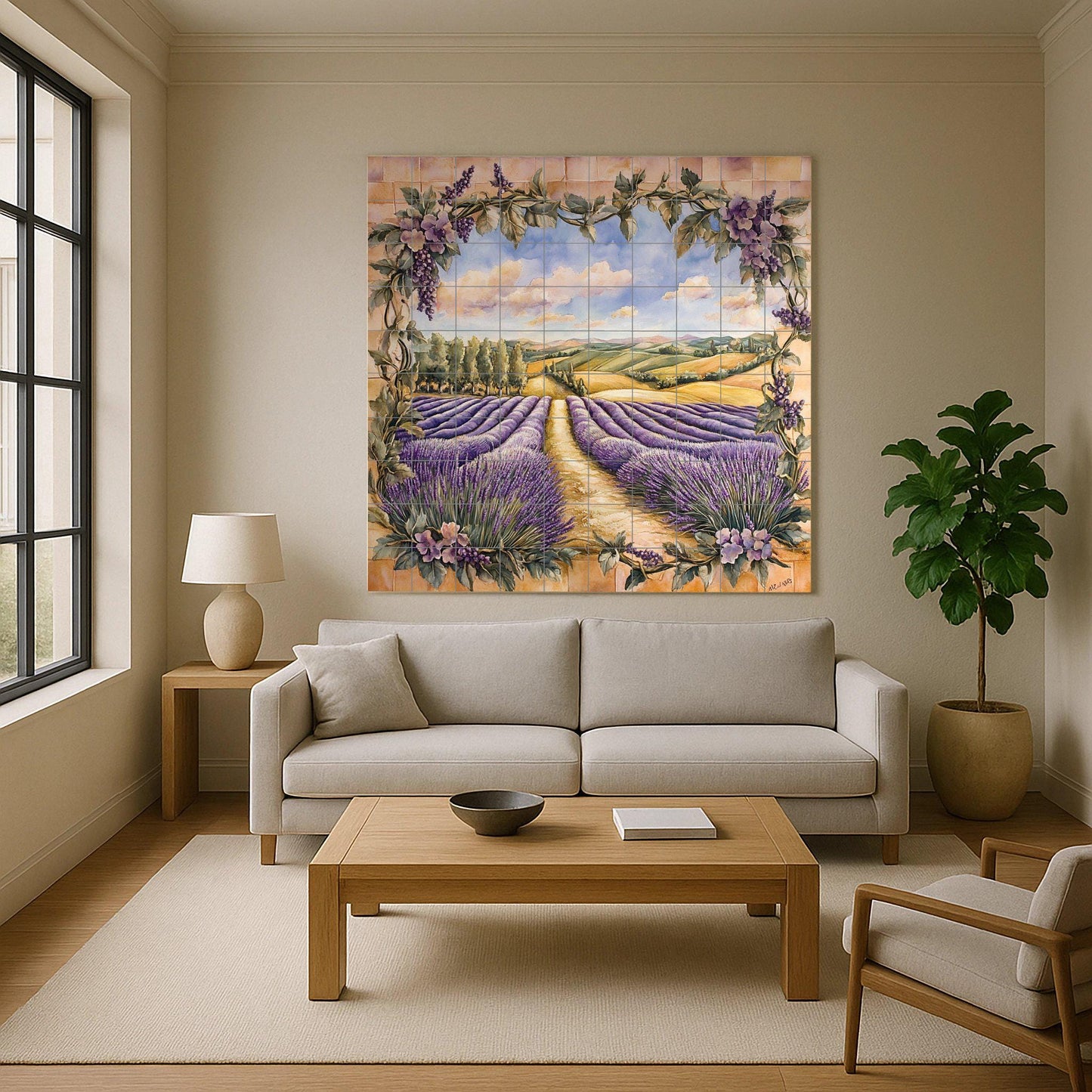 Ceramic wall mural with lavender field and Tuscan vine frame, Mediterranean floral art, handmade rustic decor.