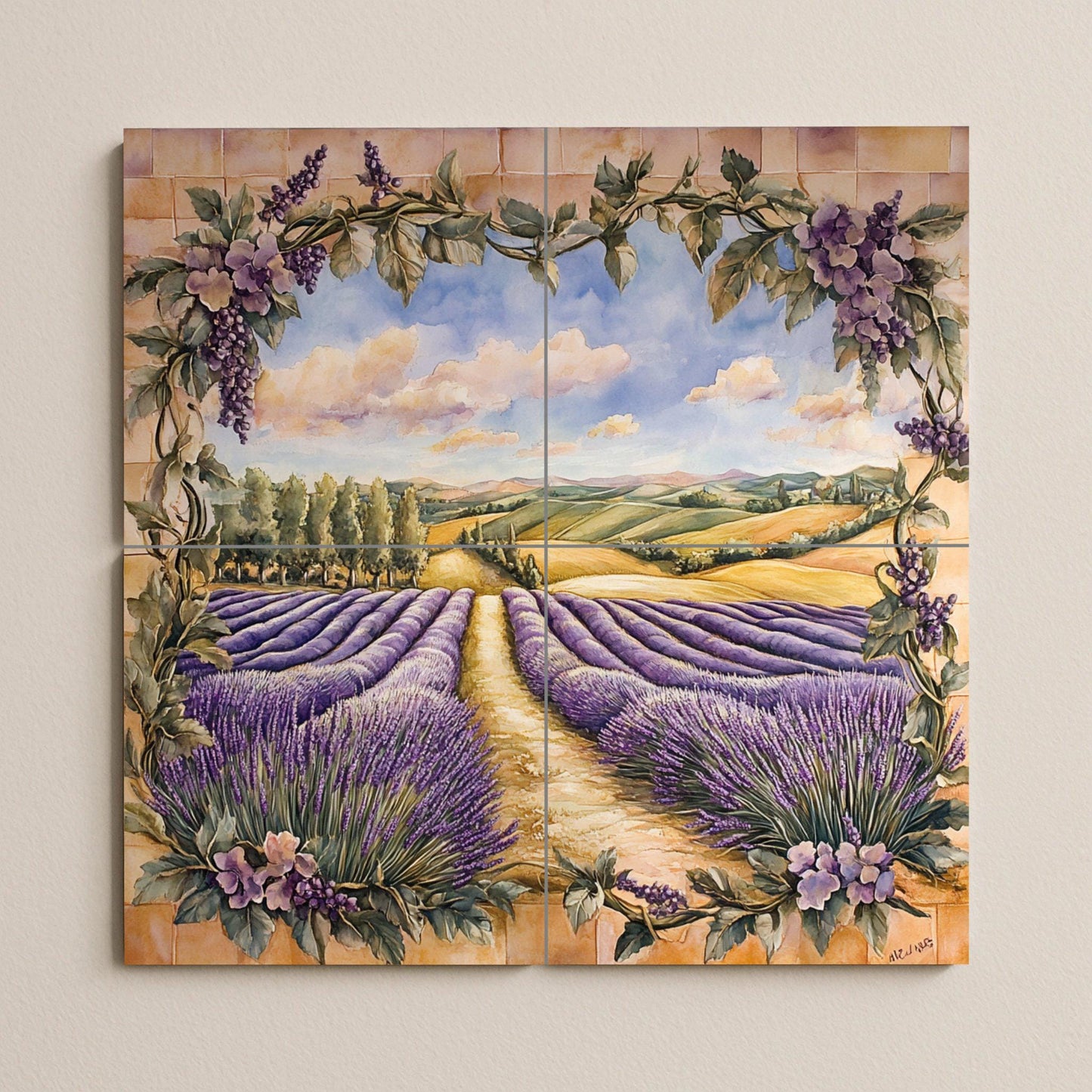 Ceramic wall mural with lavender field and Tuscan vine frame, Mediterranean floral art, handmade rustic decor.