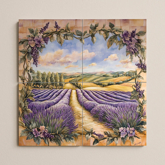 Ceramic wall mural with lavender field and Tuscan vine frame, Mediterranean floral art, handmade rustic decor.