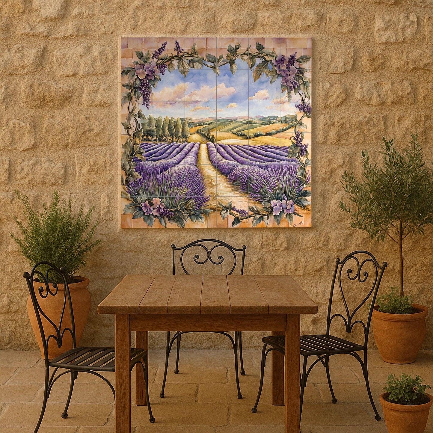 Ceramic wall mural with lavender field and Tuscan vine frame, Mediterranean floral art, handmade rustic decor.