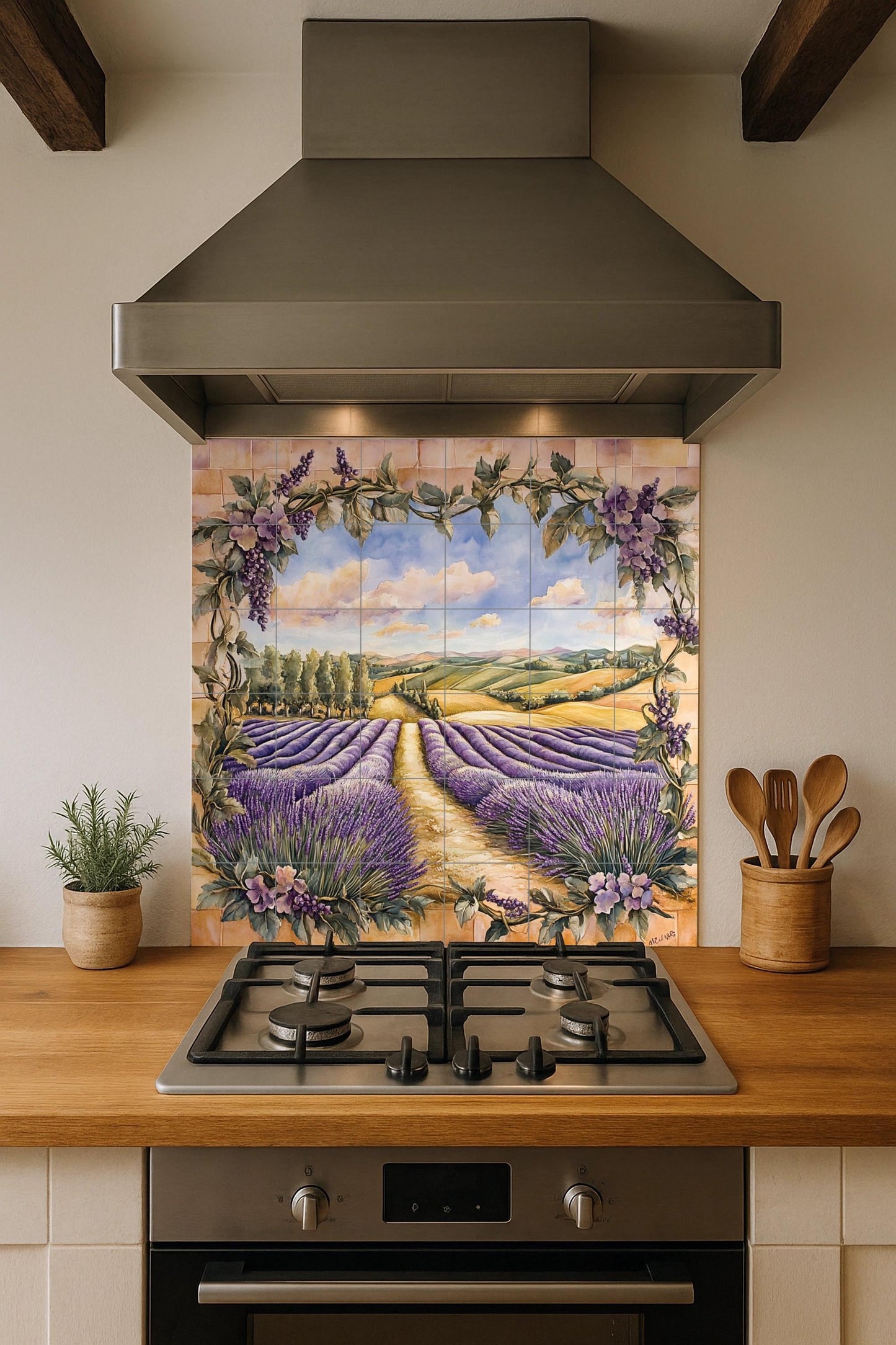 Ceramic wall mural with lavender field and Tuscan vine frame, Mediterranean floral art, handmade rustic decor.