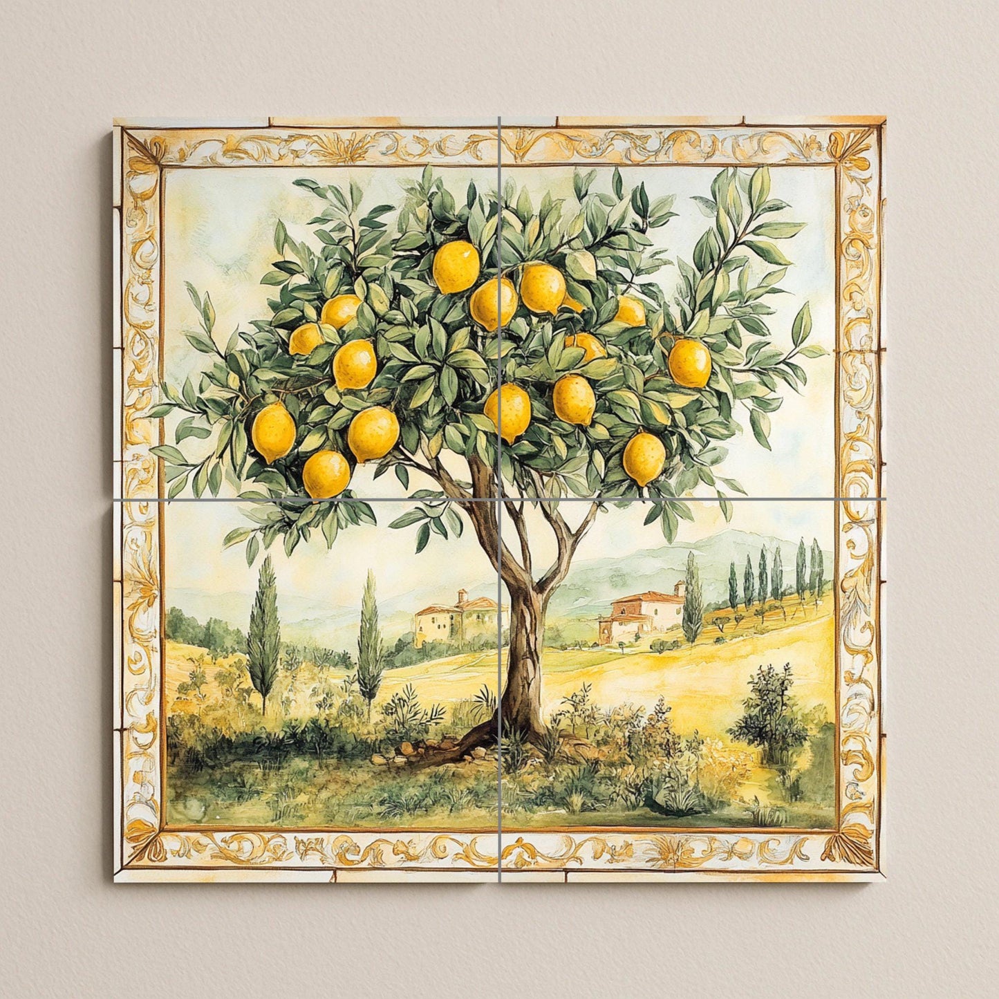 Ceramic wall mural of a lemon tree with a Tuscan landscape and gold border, Mediterranean orchard tile art, handmade rustic kitchen decor
