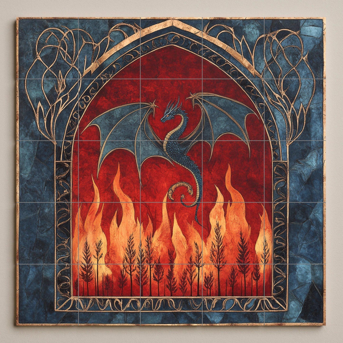 Medieval dragon ceramic wall mural with gothic arch and fire design, fantasy creature tile art, handmade mythical cultural decoration