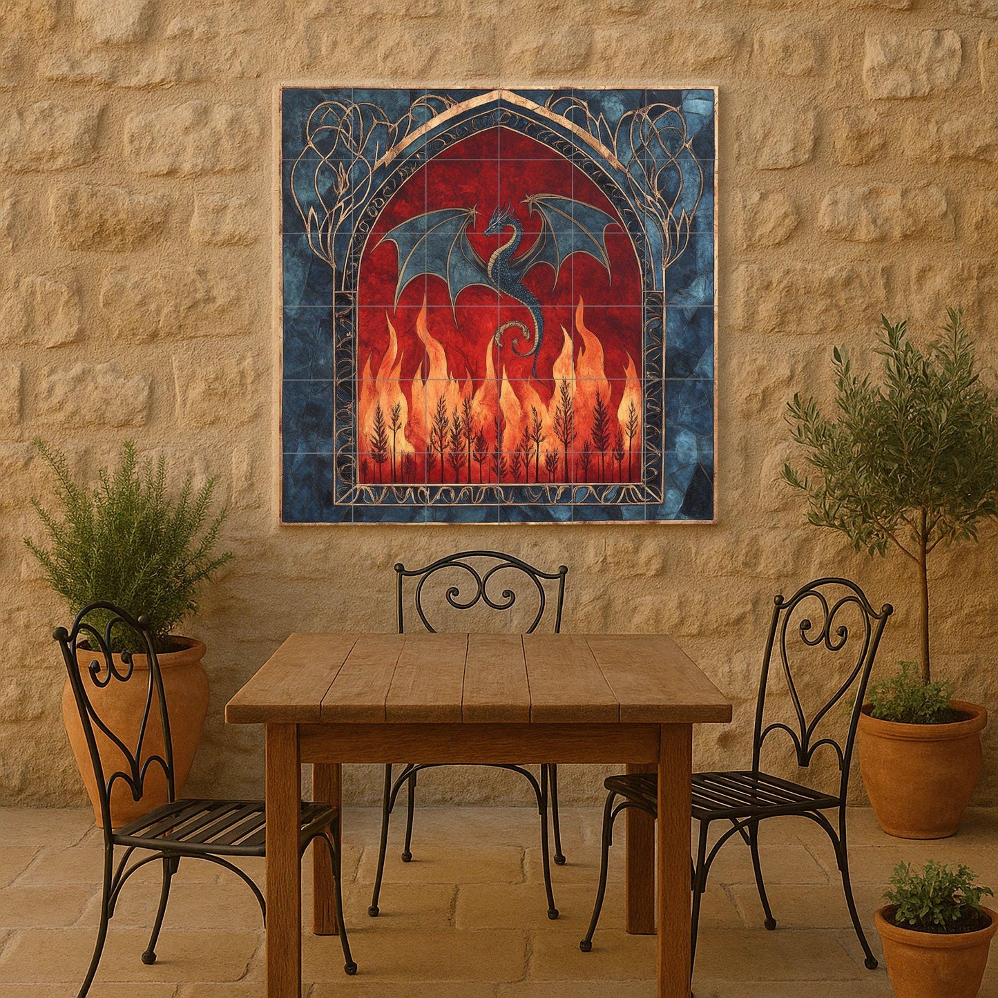 Medieval dragon ceramic wall mural with gothic arch and fire design, fantasy creature tile art, handmade mythical cultural decoration