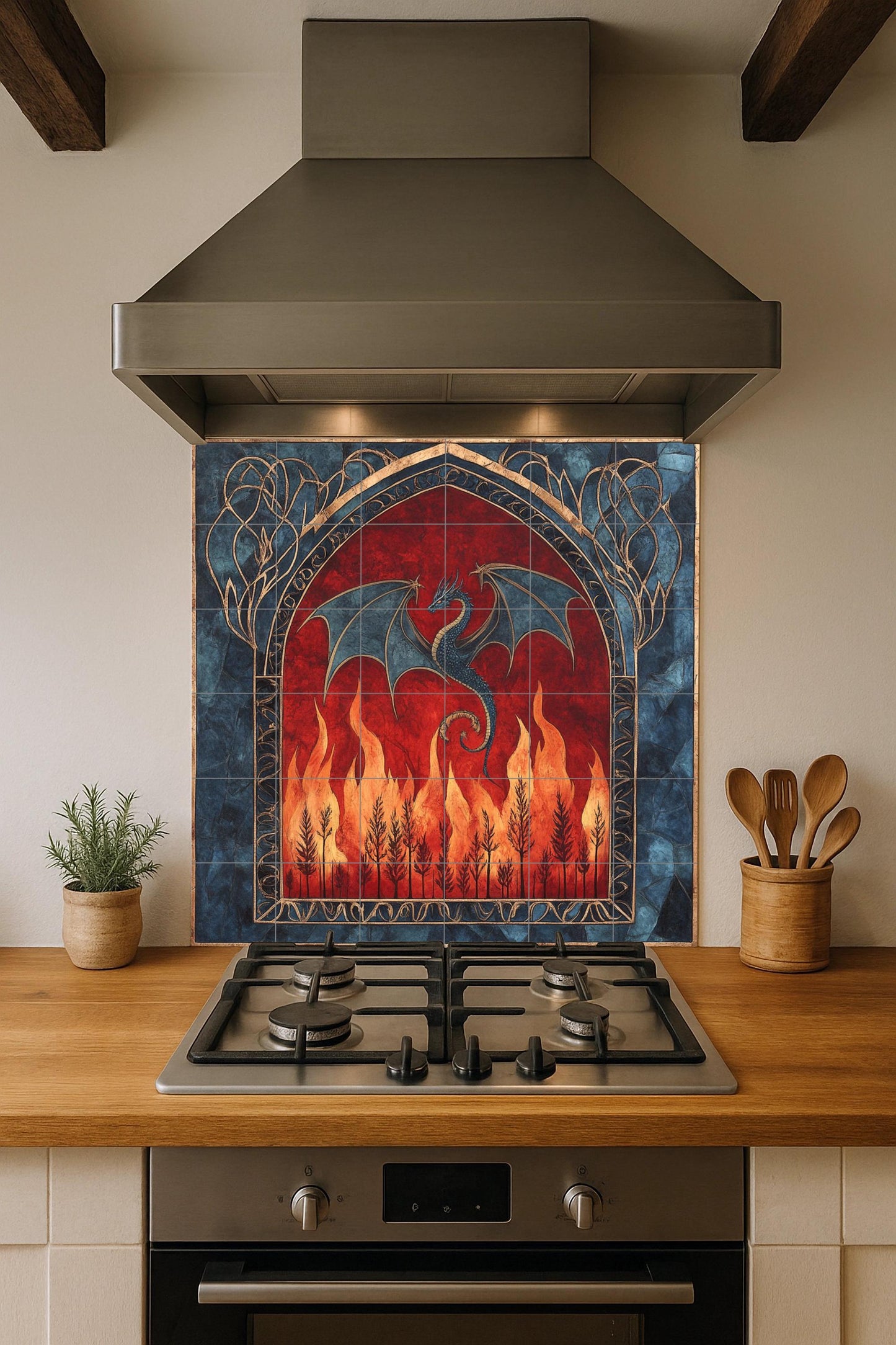 Medieval dragon ceramic wall mural with gothic arch and fire design, fantasy creature tile art, handmade mythical cultural decoration