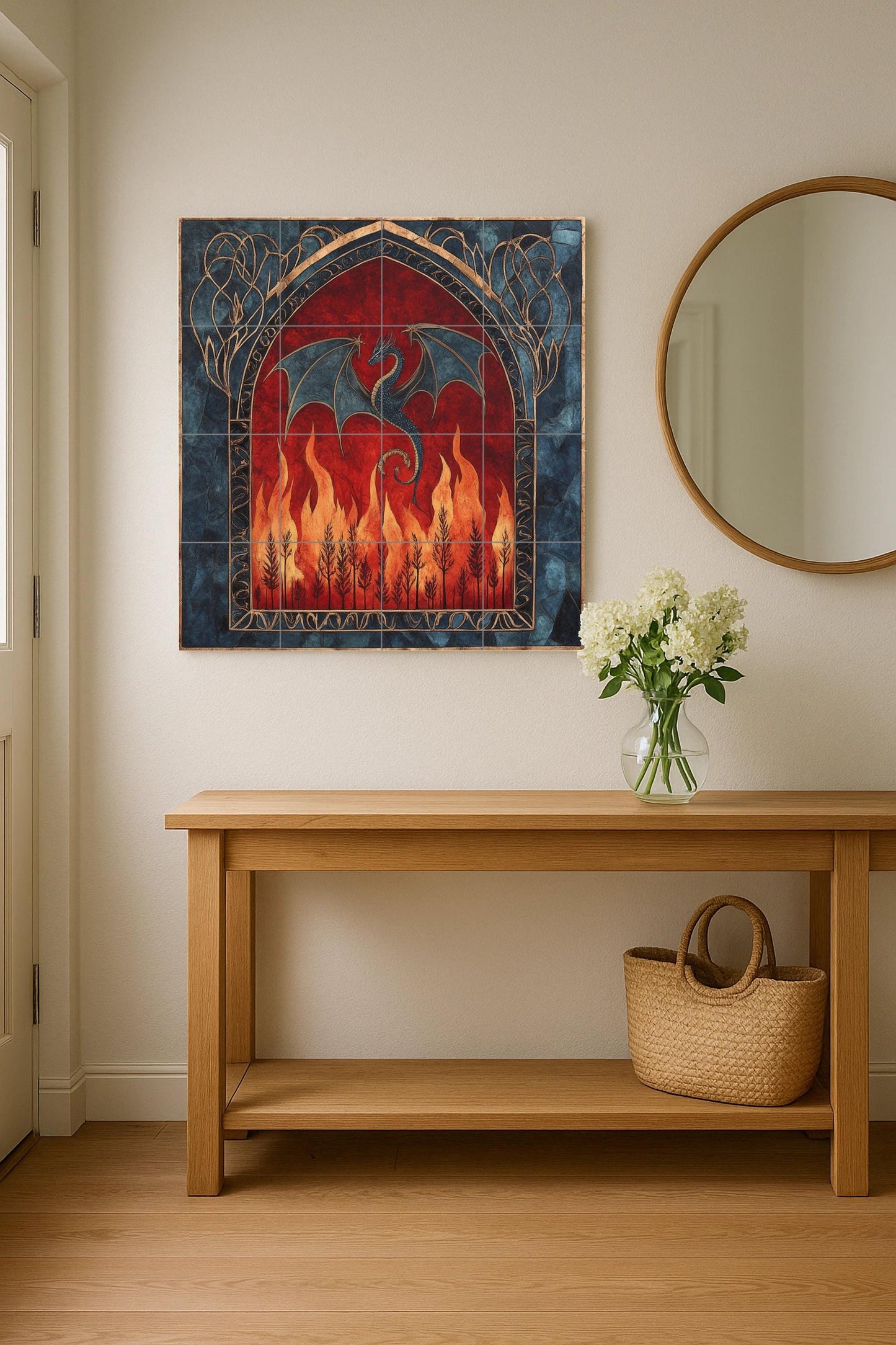 Medieval dragon ceramic wall mural with gothic arch and fire design, fantasy creature tile art, handmade mythical cultural decoration