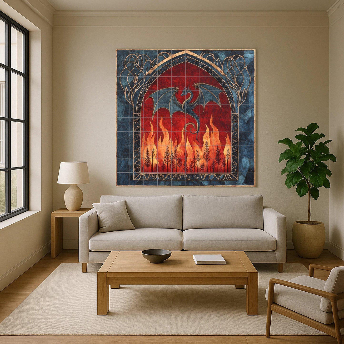 Medieval dragon ceramic wall mural with gothic arch and fire design, fantasy creature tile art, handmade mythical cultural decoration