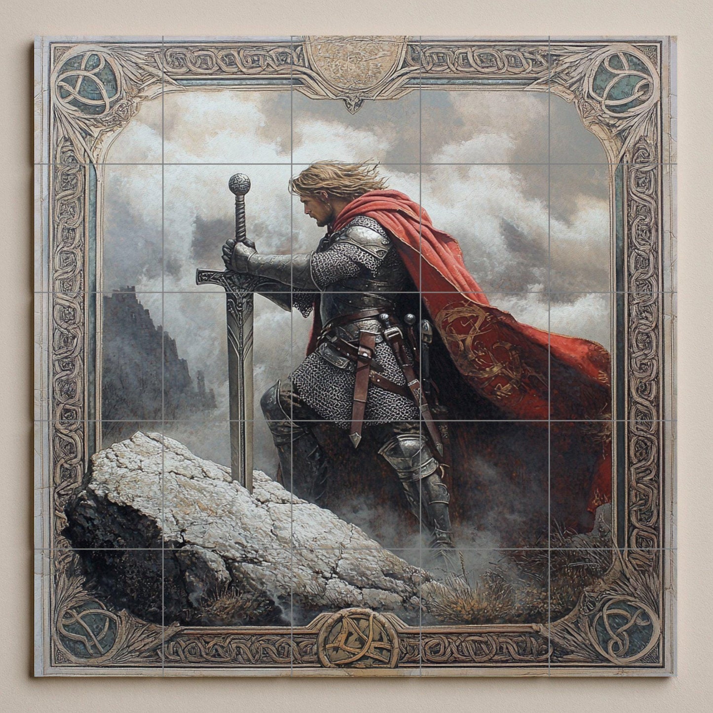 Medieval knight ceramic wall mural with sword and red cape, fantasy warrior tile art, handmade Arthurian legend cultural decoration