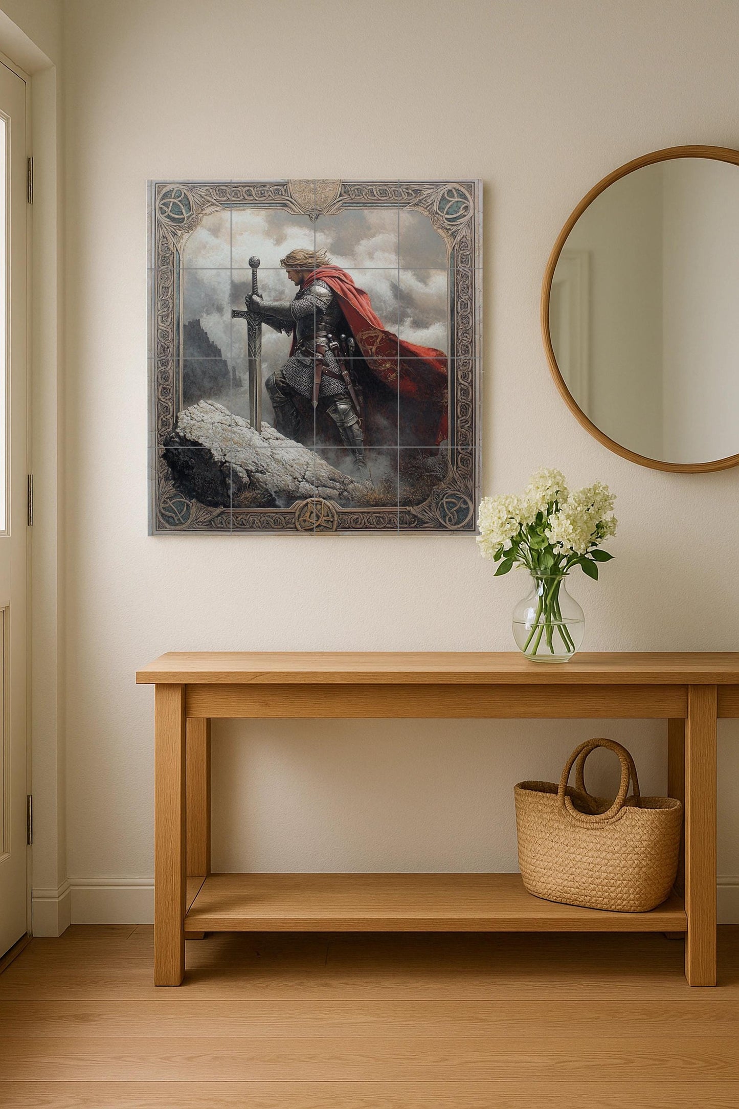Medieval knight ceramic wall mural with sword and red cape, fantasy warrior tile art, handmade Arthurian legend cultural decoration