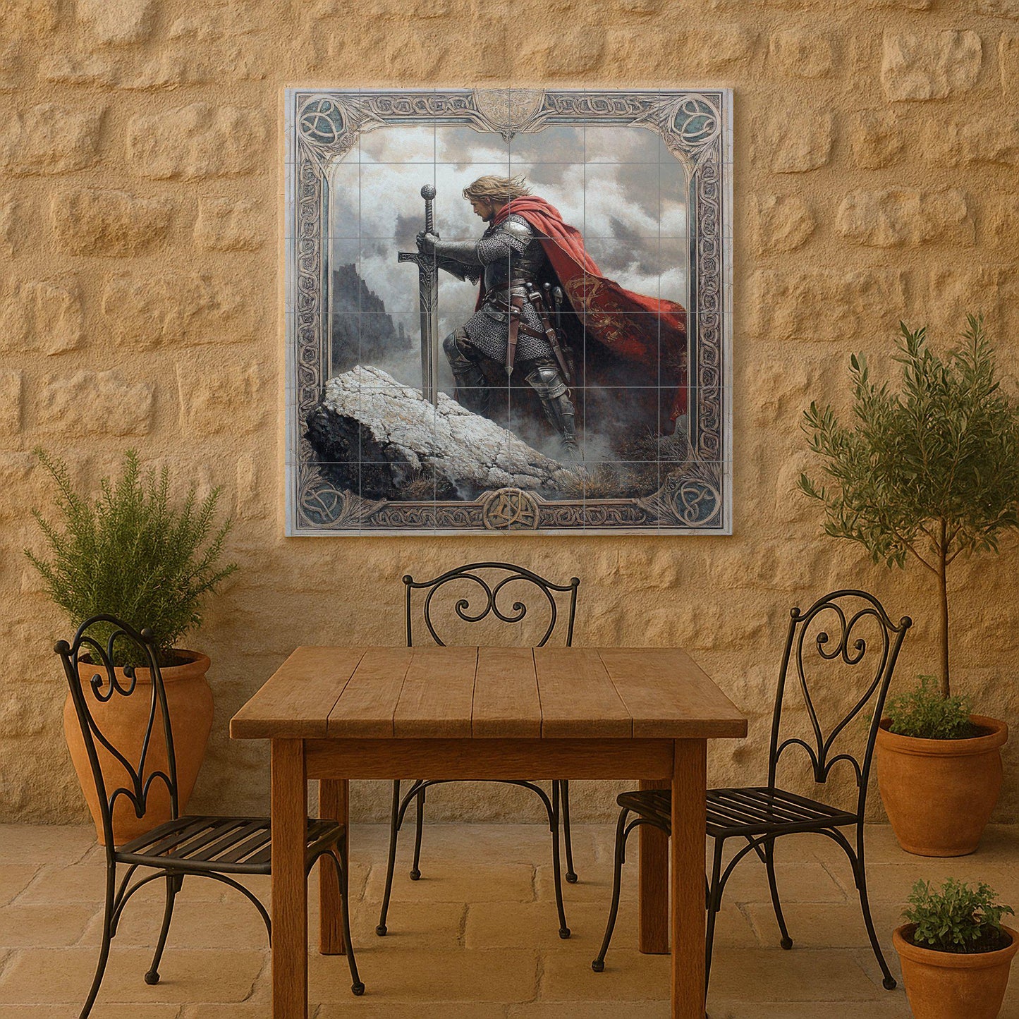Medieval knight ceramic wall mural with sword and red cape, fantasy warrior tile art, handmade Arthurian legend cultural decoration