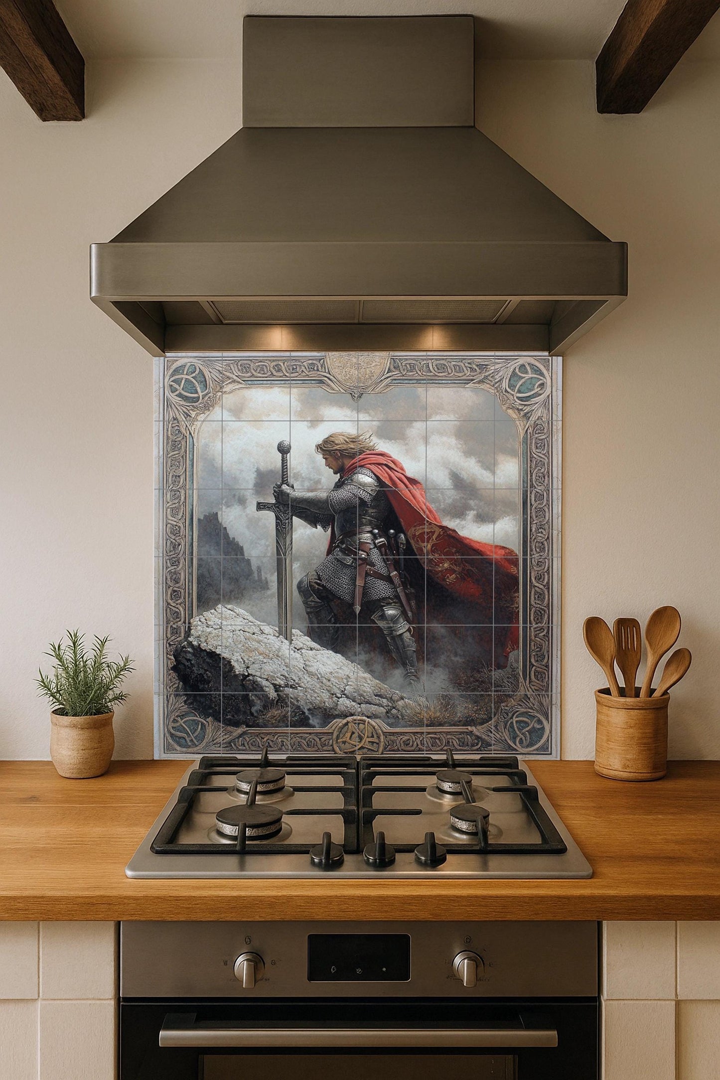 Medieval knight ceramic wall mural with sword and red cape, fantasy warrior tile art, handmade Arthurian legend cultural decoration