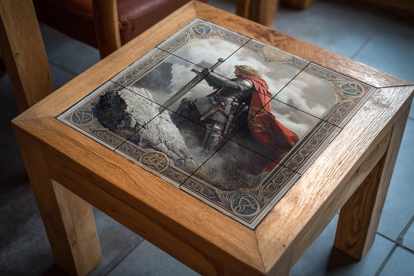 Medieval knight ceramic wall mural with sword and red cape, fantasy warrior tile art, handmade Arthurian legend cultural decoration