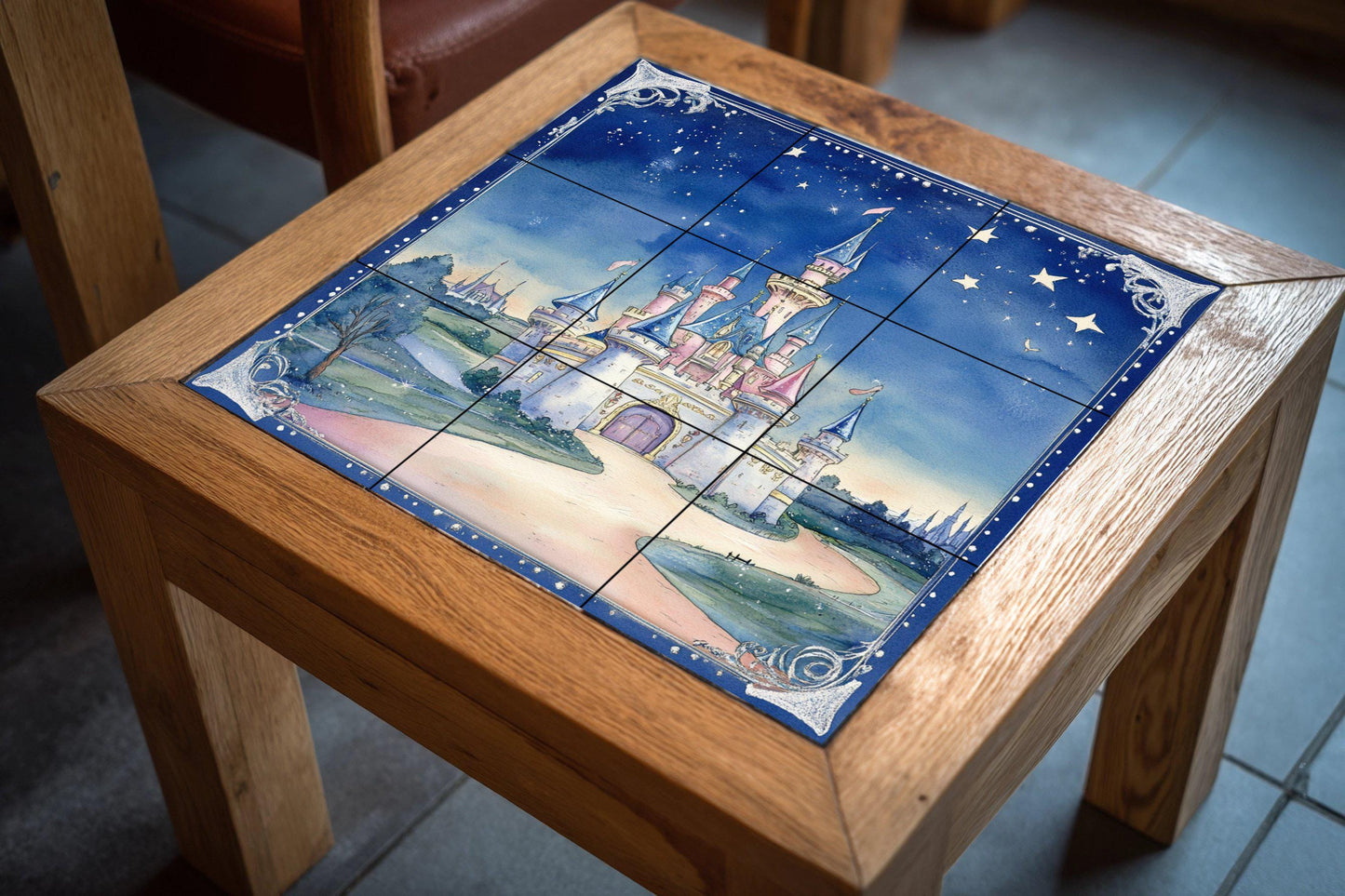 Fairy tale castle ceramic wall mural with starry sky and fantasy design, enchanted fairy tale tile art, handmade magical home decor