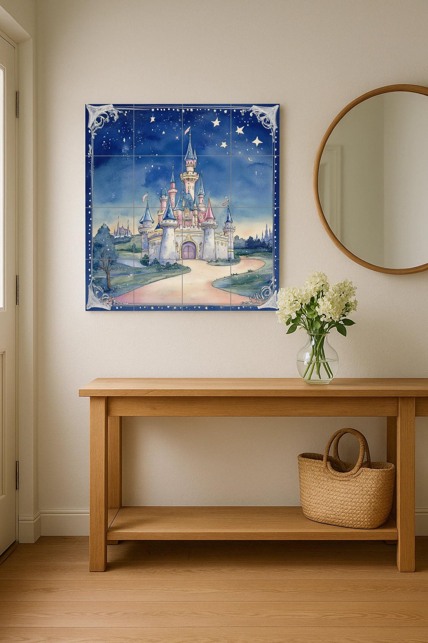 Fairy tale castle ceramic wall mural with starry sky and fantasy design, enchanted fairy tale tile art, handmade magical home decor
