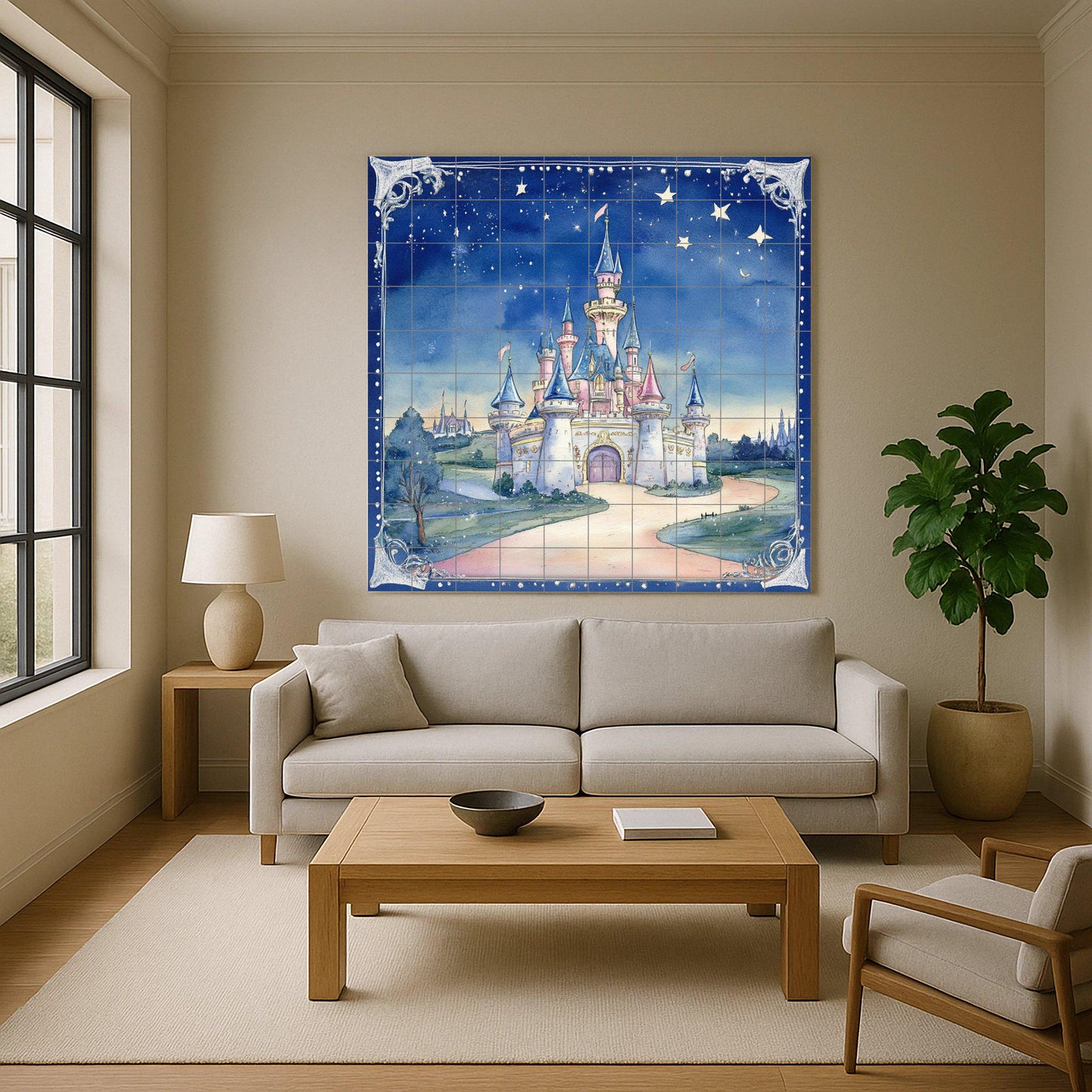 Fairy tale castle ceramic wall mural with starry sky and fantasy design, enchanted fairy tale tile art, handmade magical home decor