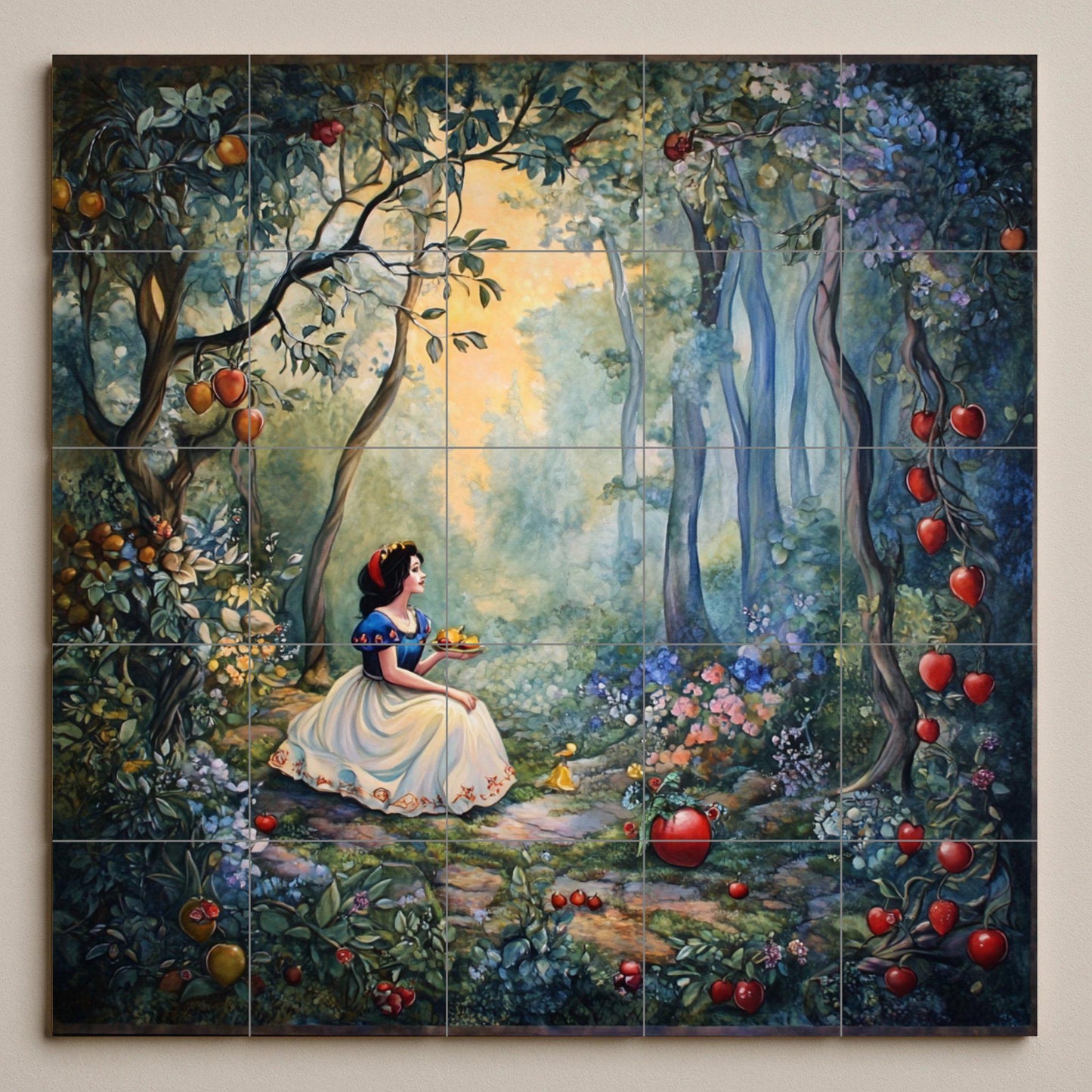 Snow White ceramic wall mural with enchanted forest and apples, fairy tale princess tile art, handmade fantasy tale home decor