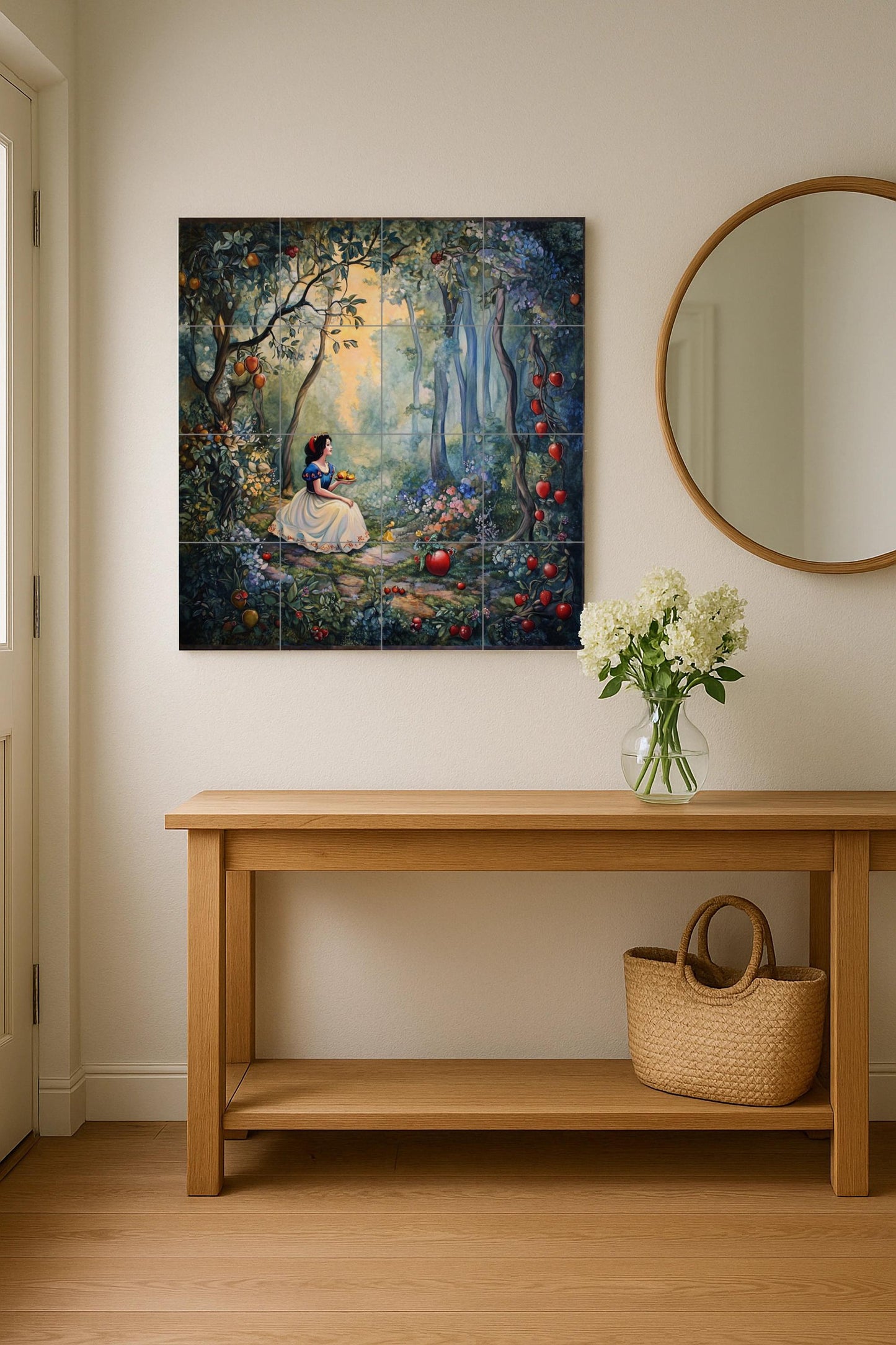 Snow White ceramic wall mural with enchanted forest and apples, fairy tale princess tile art, handmade fantasy tale home decor