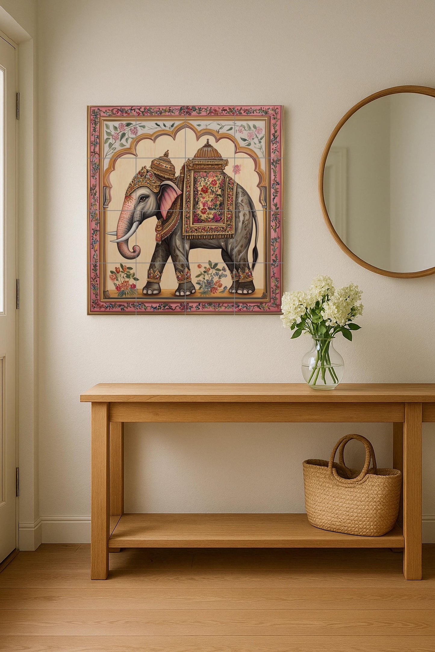 Indian Elephant Ceramic Wall Mural with Ornate Saddle and Floral Border, Royal Decorative Tile Art, Handmade Cultural Heritage Decor