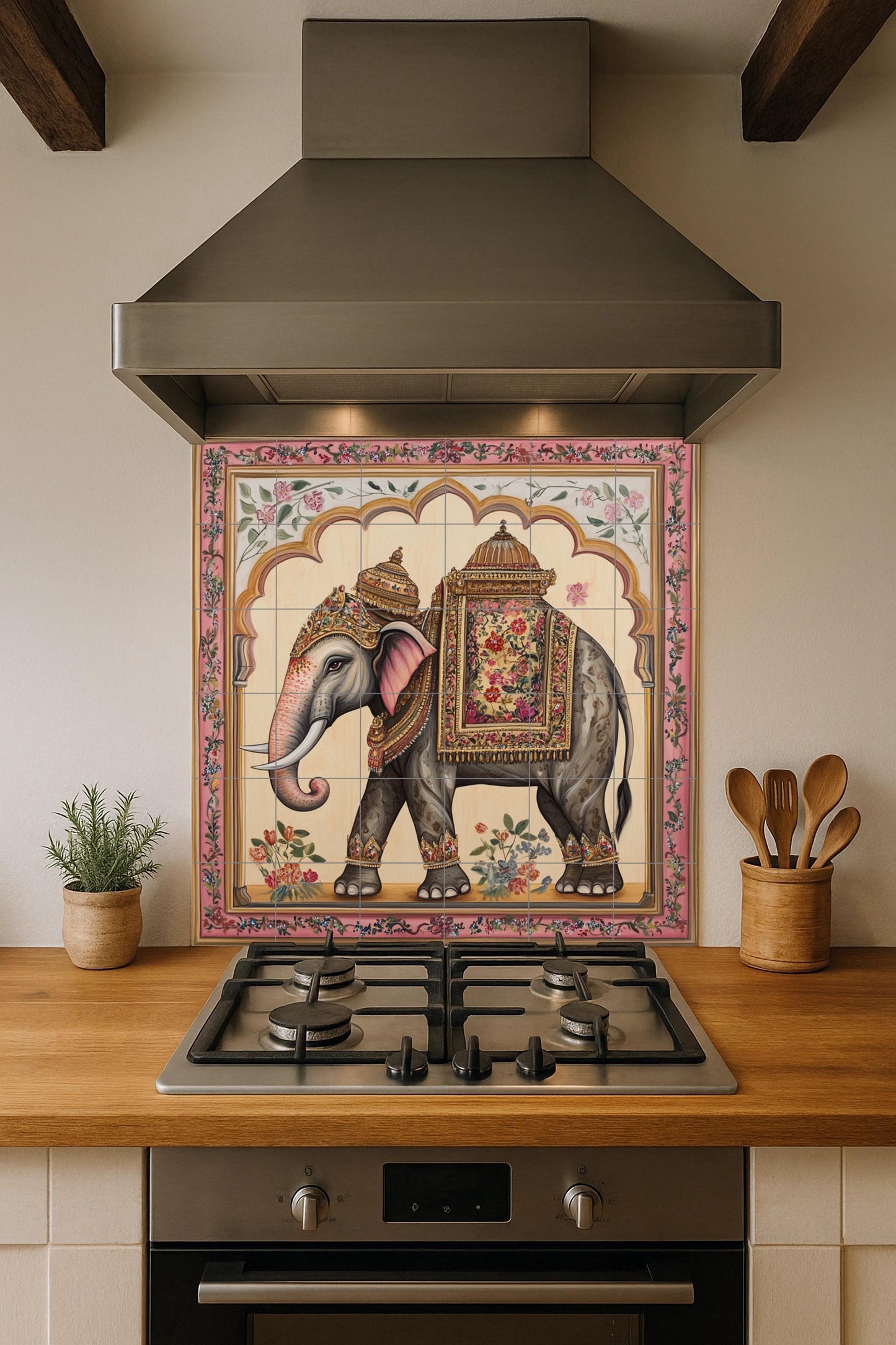 Indian Elephant Ceramic Wall Mural with Ornate Saddle and Floral Border, Royal Decorative Tile Art, Handmade Cultural Heritage Decor