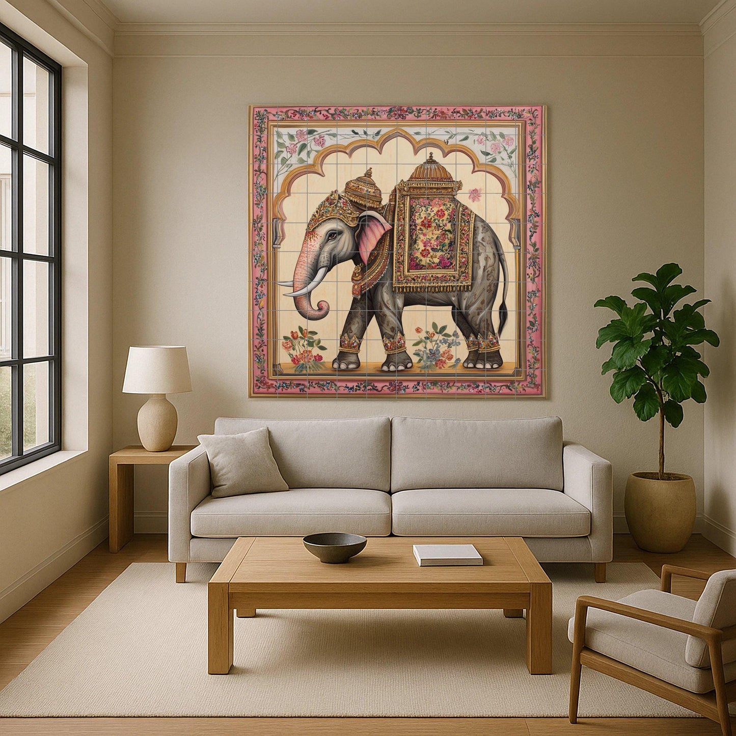 Indian Elephant Ceramic Wall Mural with Ornate Saddle and Floral Border, Royal Decorative Tile Art, Handmade Cultural Heritage Decor