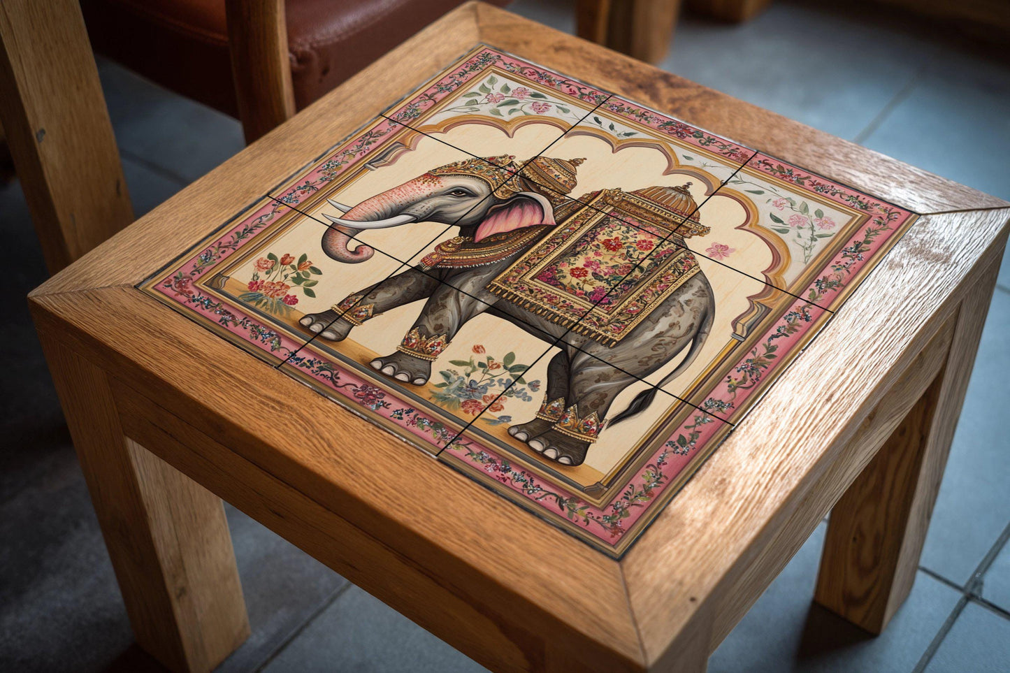 Indian Elephant Ceramic Wall Mural with Ornate Saddle and Floral Border, Royal Decorative Tile Art, Handmade Cultural Heritage Decor