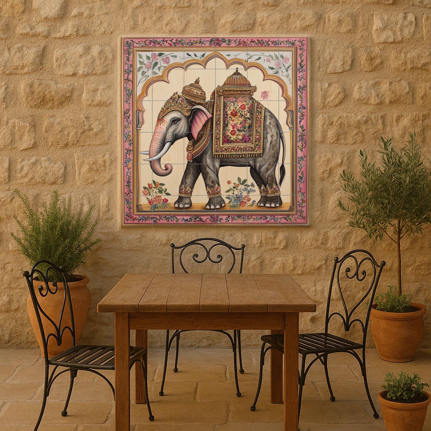 Indian Elephant Ceramic Wall Mural with Ornate Saddle and Floral Border, Royal Decorative Tile Art, Handmade Cultural Heritage Decor