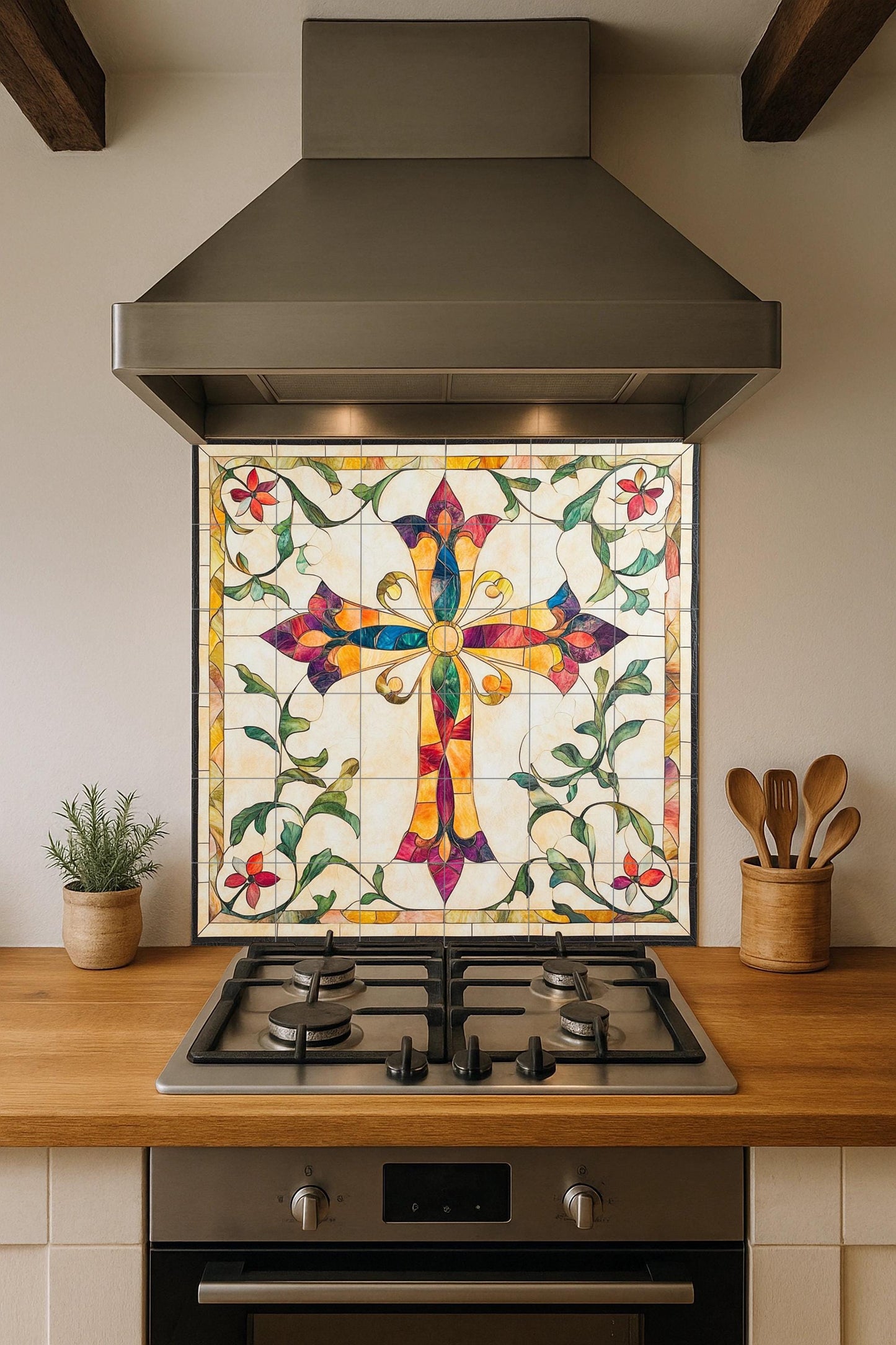 Colorful ceramic cross-shaped wall mural with floral ornaments, sacred Christian tile art, handmade religious decor inspired by stained glass.