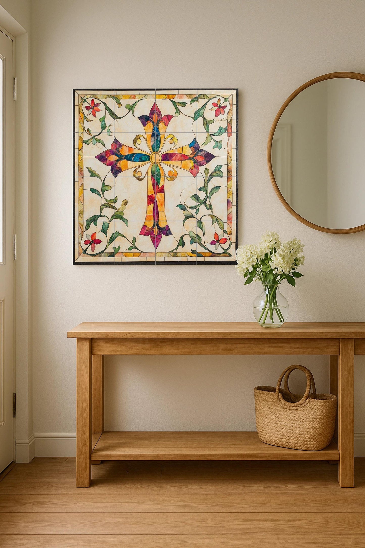 Colorful ceramic cross-shaped wall mural with floral ornaments, sacred Christian tile art, handmade religious decor inspired by stained glass.