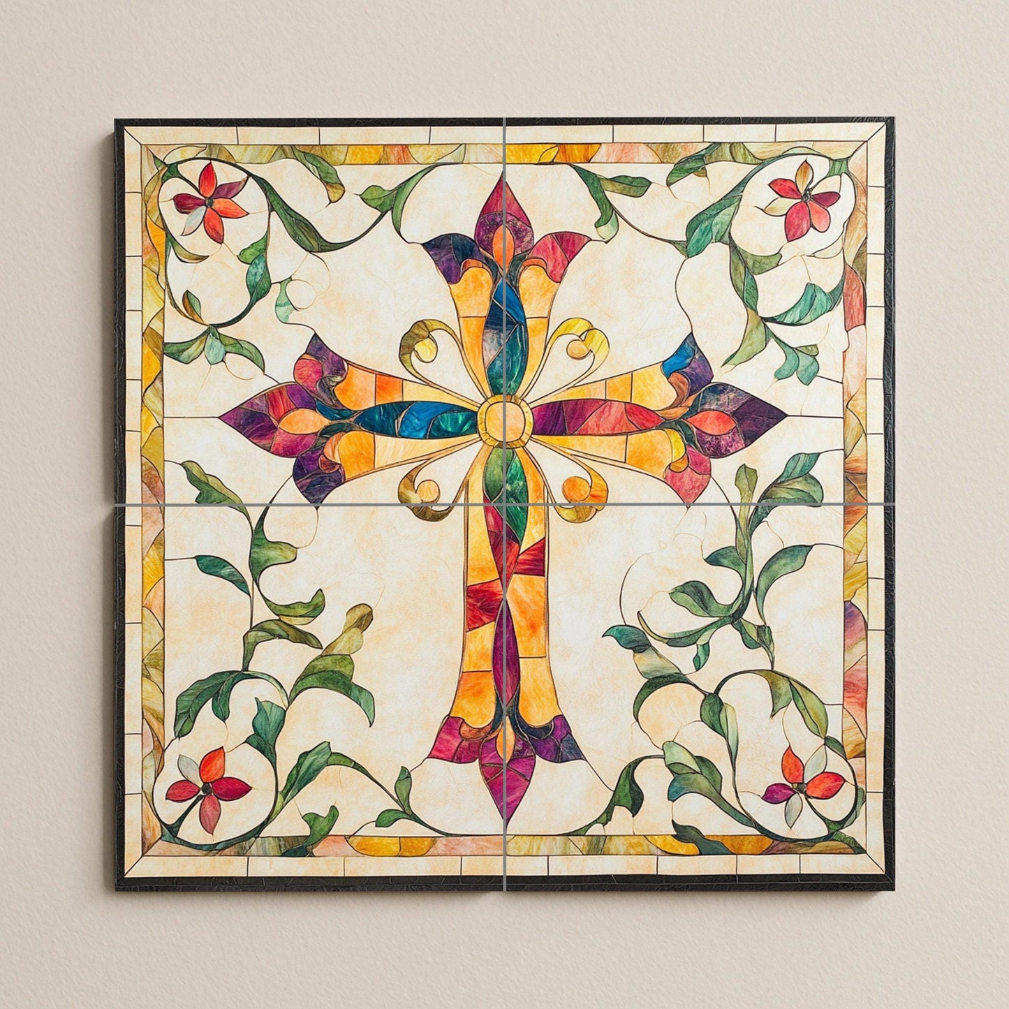 Colorful ceramic cross-shaped wall mural with floral ornaments, sacred Christian tile art, handmade religious decor inspired by stained glass.