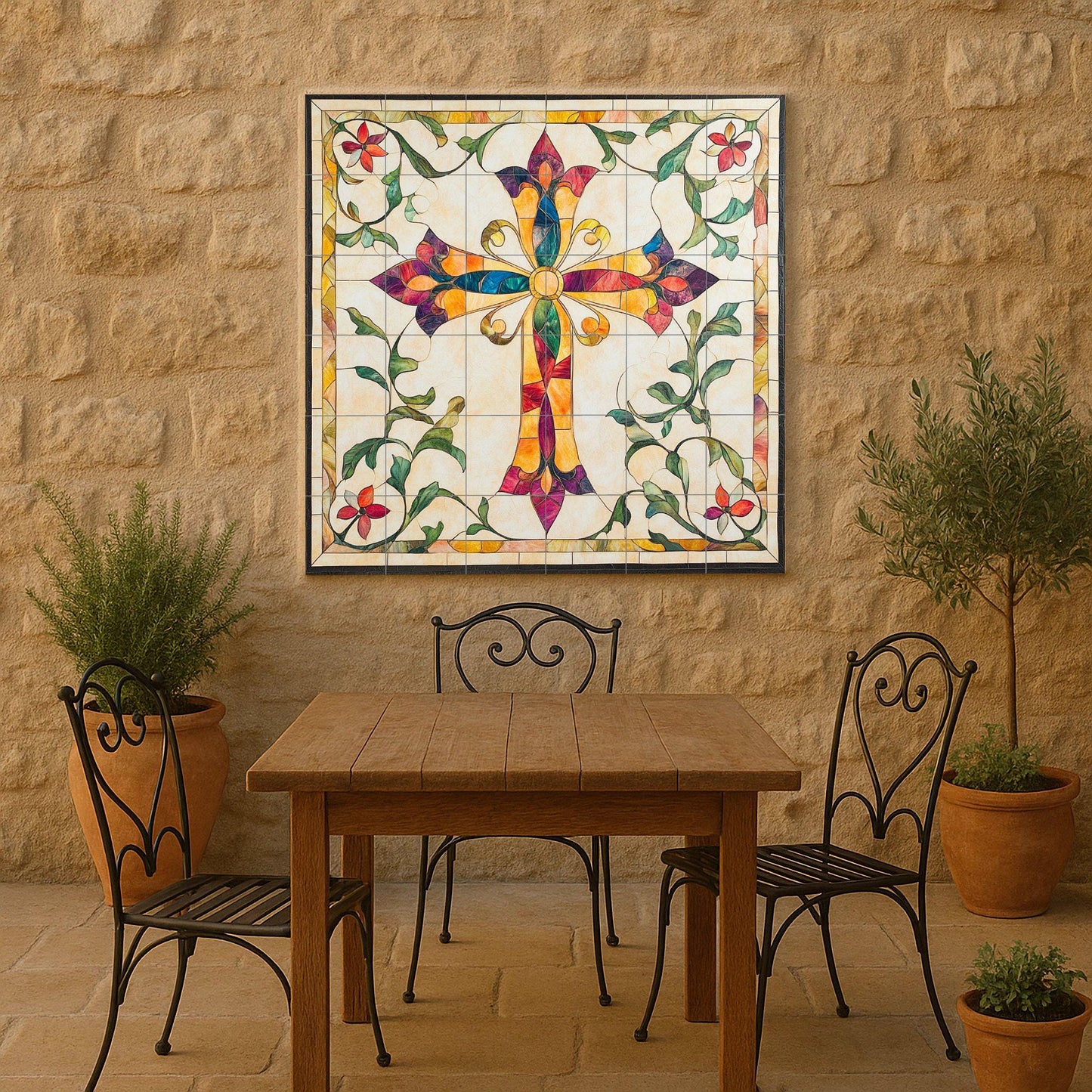 Colorful ceramic cross-shaped wall mural with floral ornaments, sacred Christian tile art, handmade religious decor inspired by stained glass.