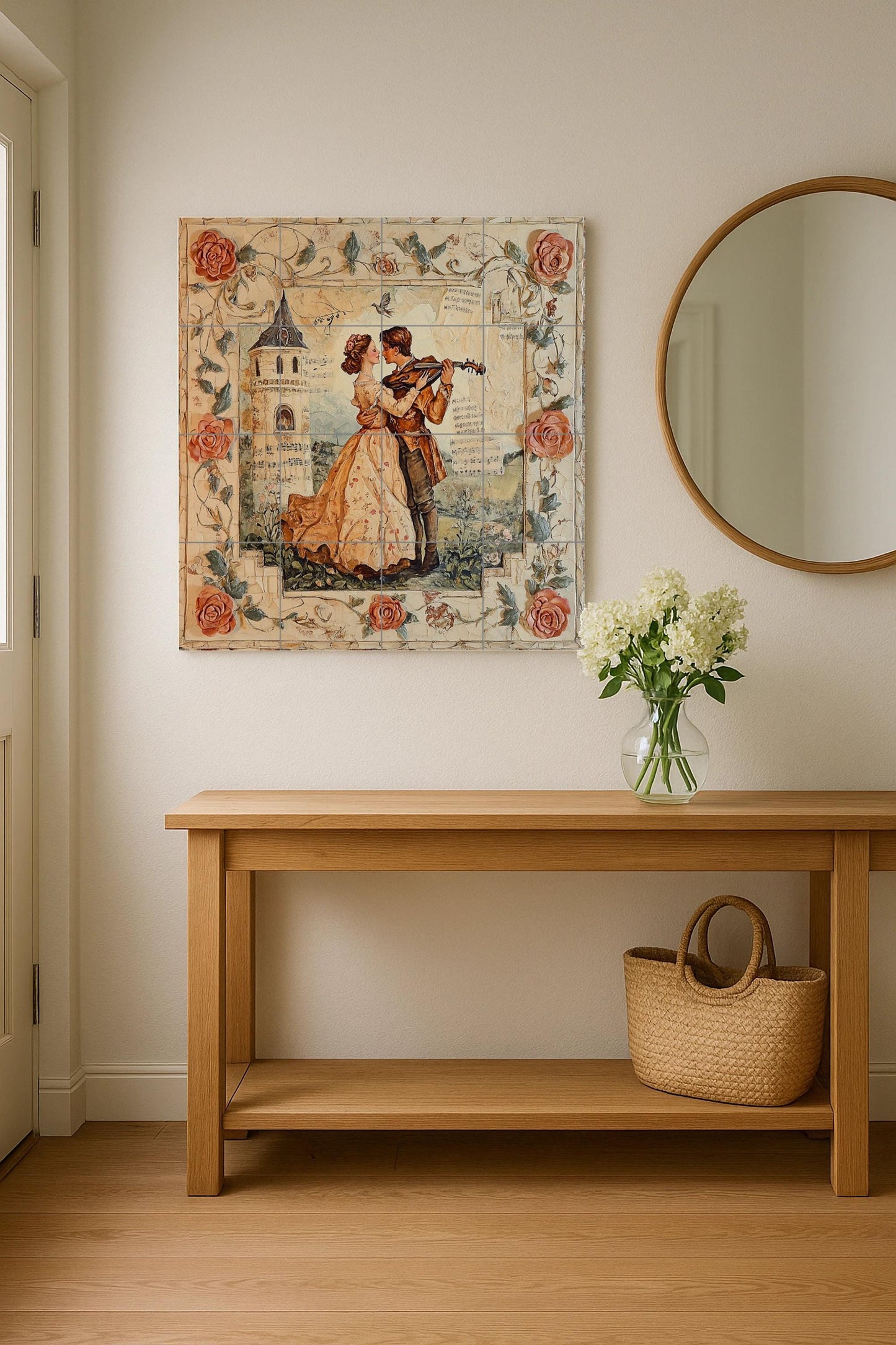 Romantic couple ceramic wall mural with violin serenade and rose border, vintage love tile art, handmade decorative cultural decor