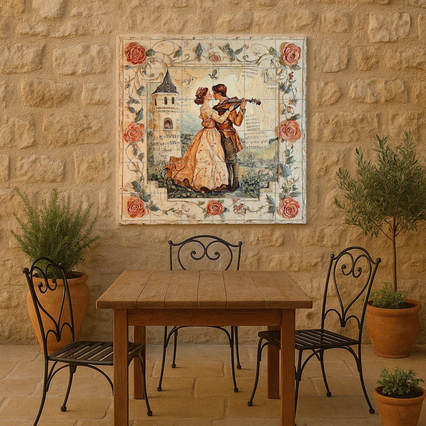 Romantic couple ceramic wall mural with violin serenade and rose border, vintage love tile art, handmade decorative cultural decor