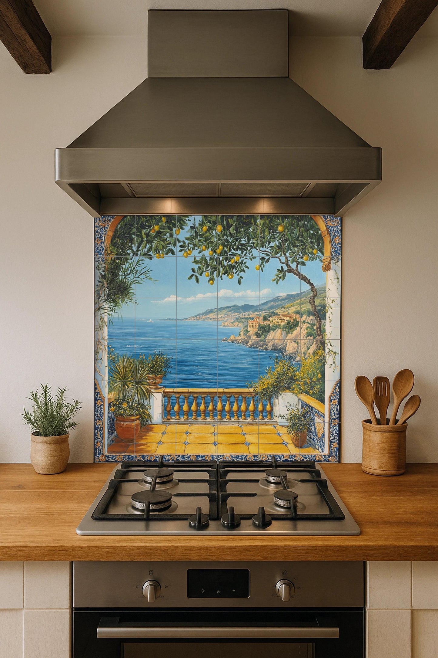 Mediterranean lemon tree ceramic wall mural with sea view from a coastal balcony, Italian seaside tile art, handmade Amalfi style decor.