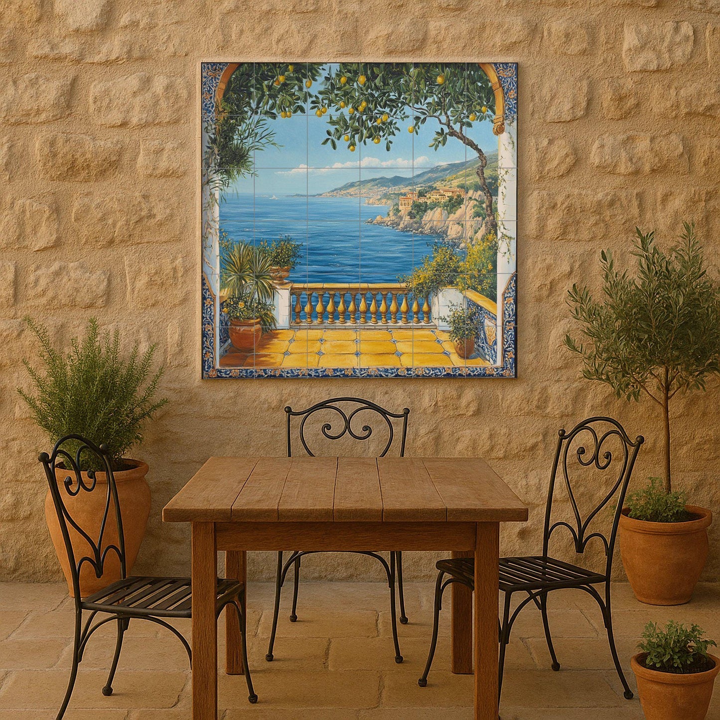 Mediterranean lemon tree ceramic wall mural with sea view from a coastal balcony, Italian seaside tile art, handmade Amalfi style decor.