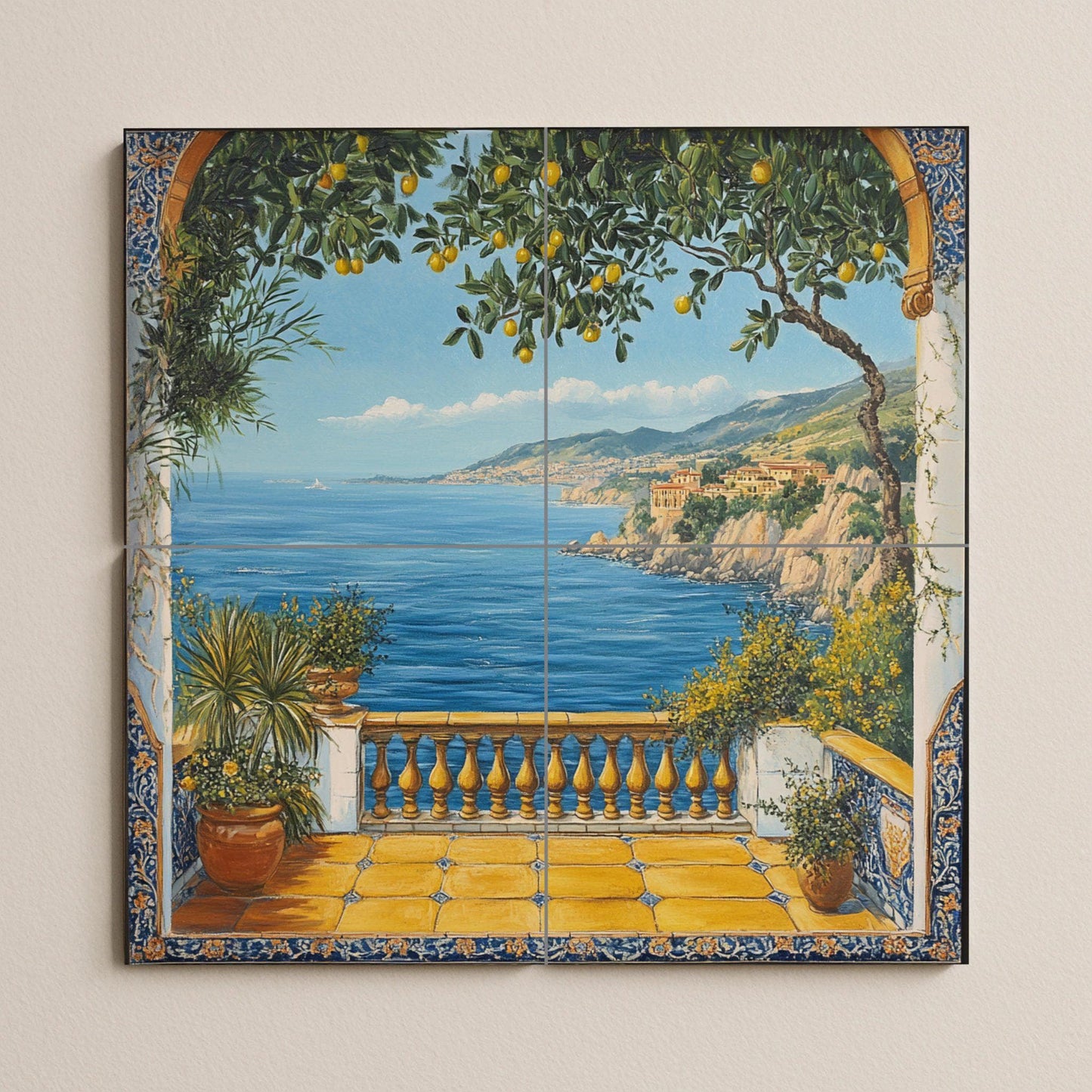 Mediterranean lemon tree ceramic wall mural with sea view from a coastal balcony, Italian seaside tile art, handmade Amalfi style decor.