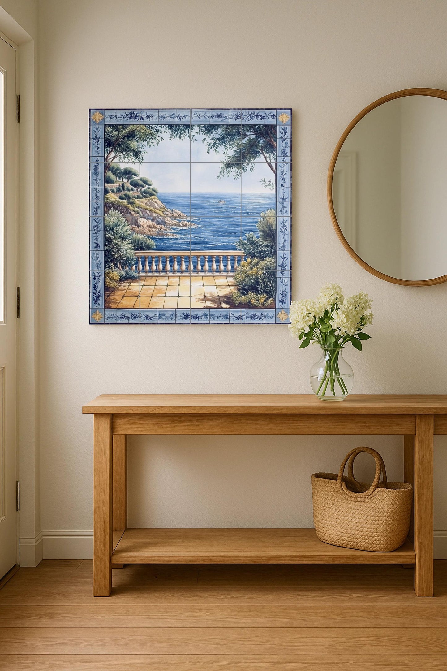 Ceramic wall mural with Mediterranean sea view and blue floral border, coastal landscape tile art, handmade decoration