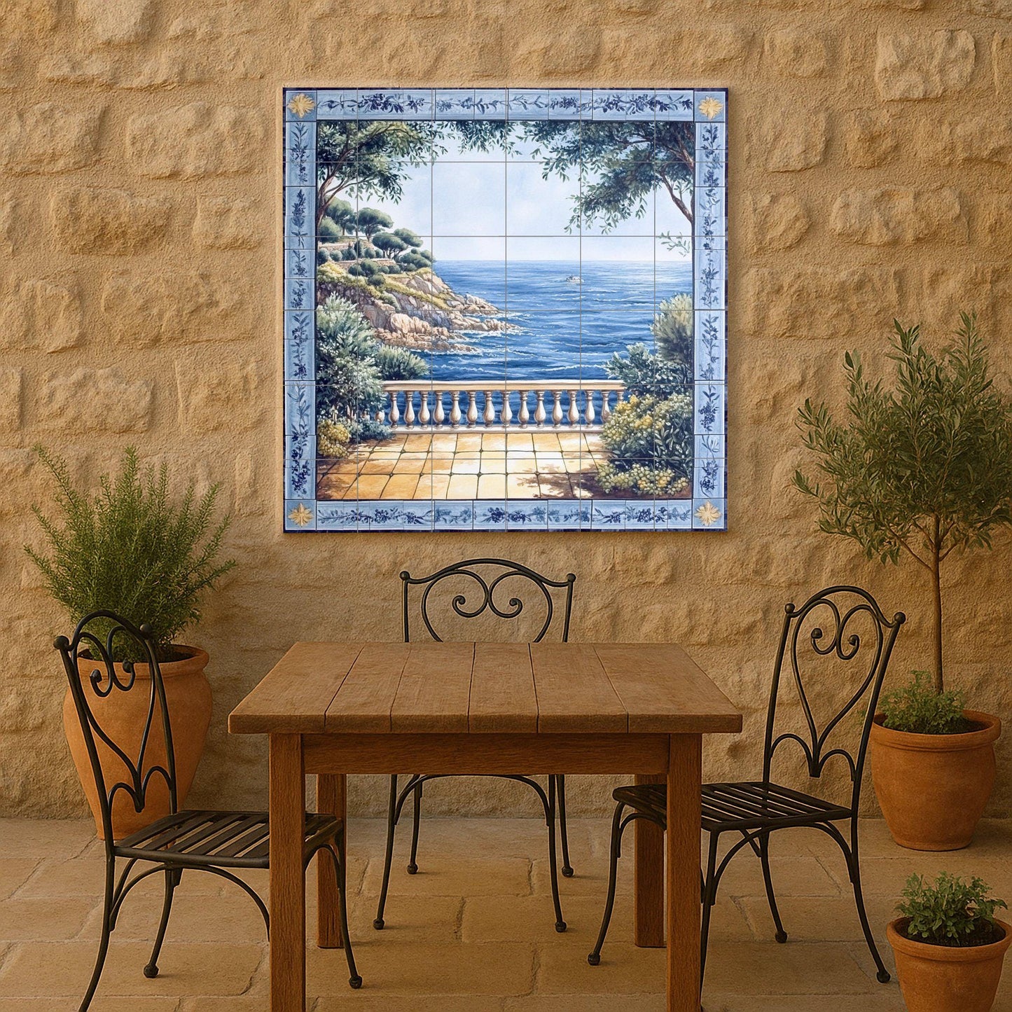 Ceramic wall mural with Mediterranean sea view and blue floral border, coastal landscape tile art, handmade decoration