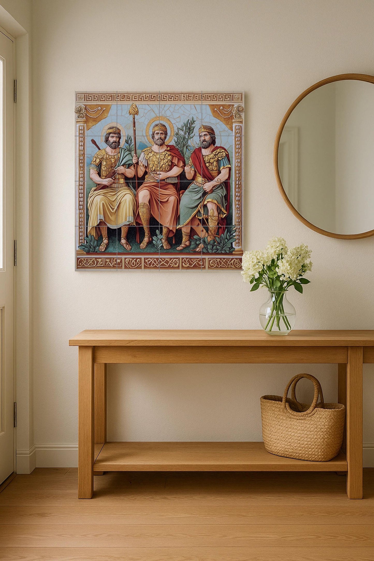 Ceramic mural of Byzantine kings in golden armor and sacred halos, historical religious tile art, handmade cultural decoration