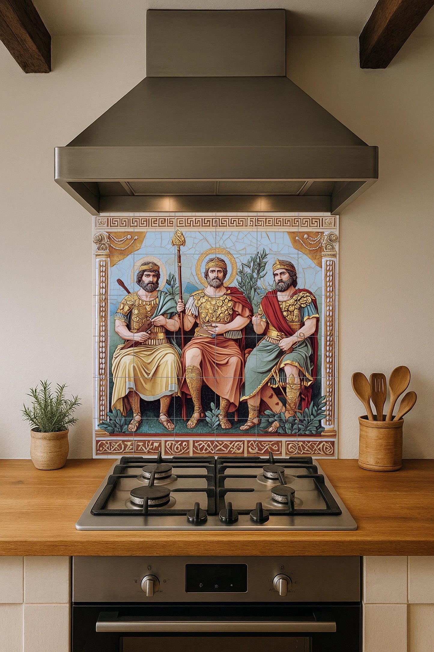 Ceramic mural of Byzantine kings in golden armor and sacred halos, historical religious tile art, handmade cultural decoration
