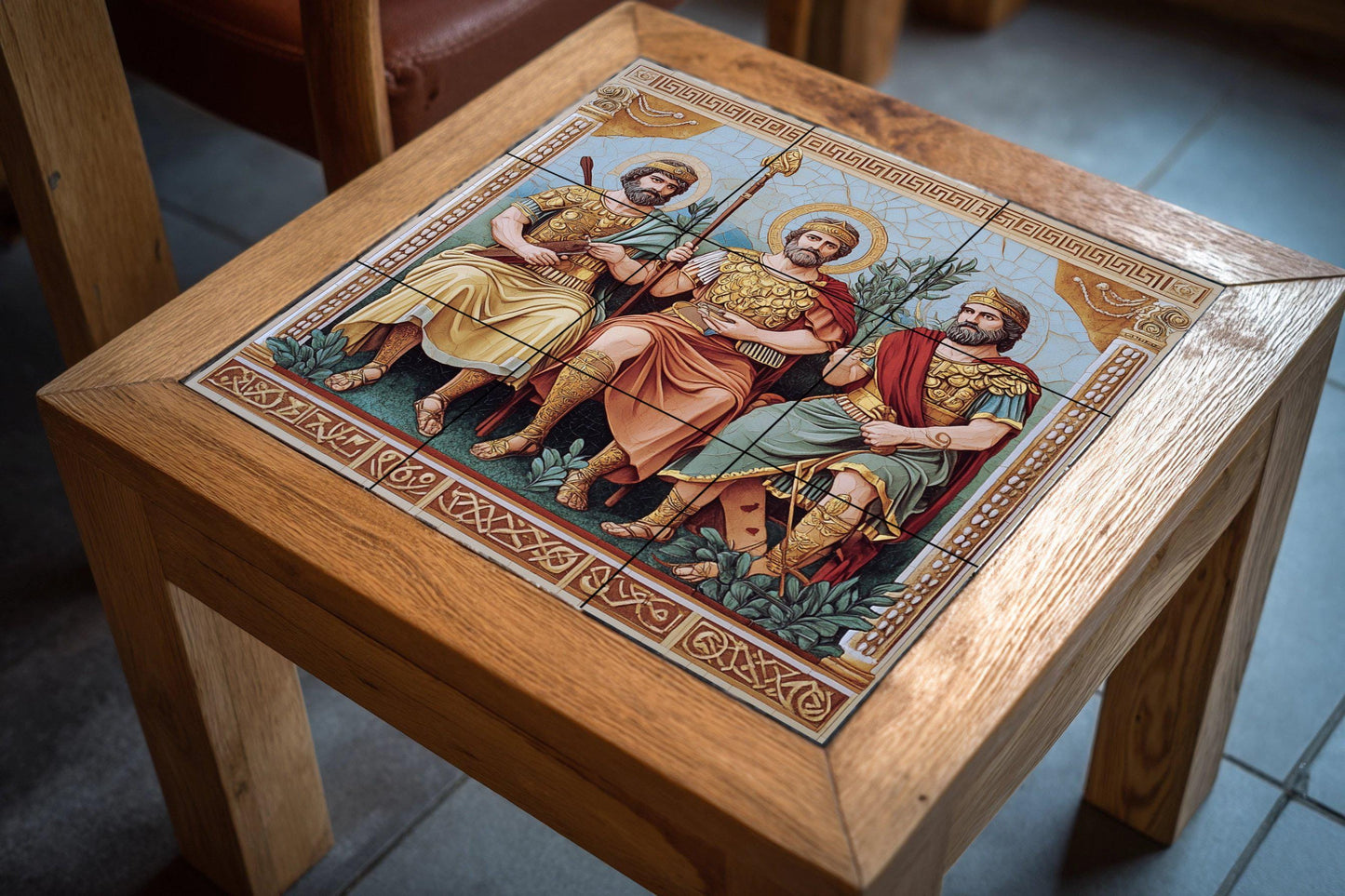 Ceramic mural of Byzantine kings in golden armor and sacred halos, historical religious tile art, handmade cultural decoration