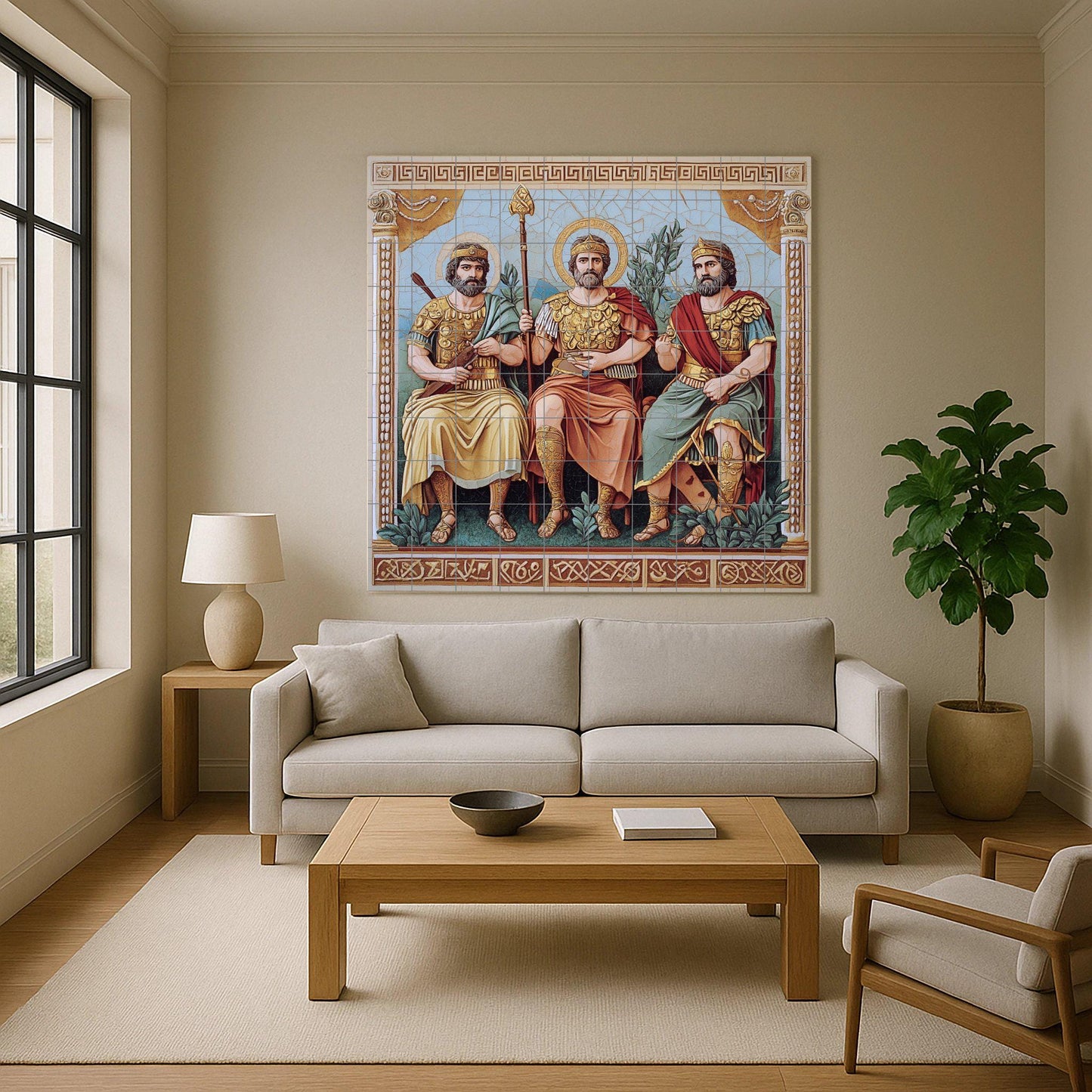 Ceramic mural of Byzantine kings in golden armor and sacred halos, historical religious tile art, handmade cultural decoration
