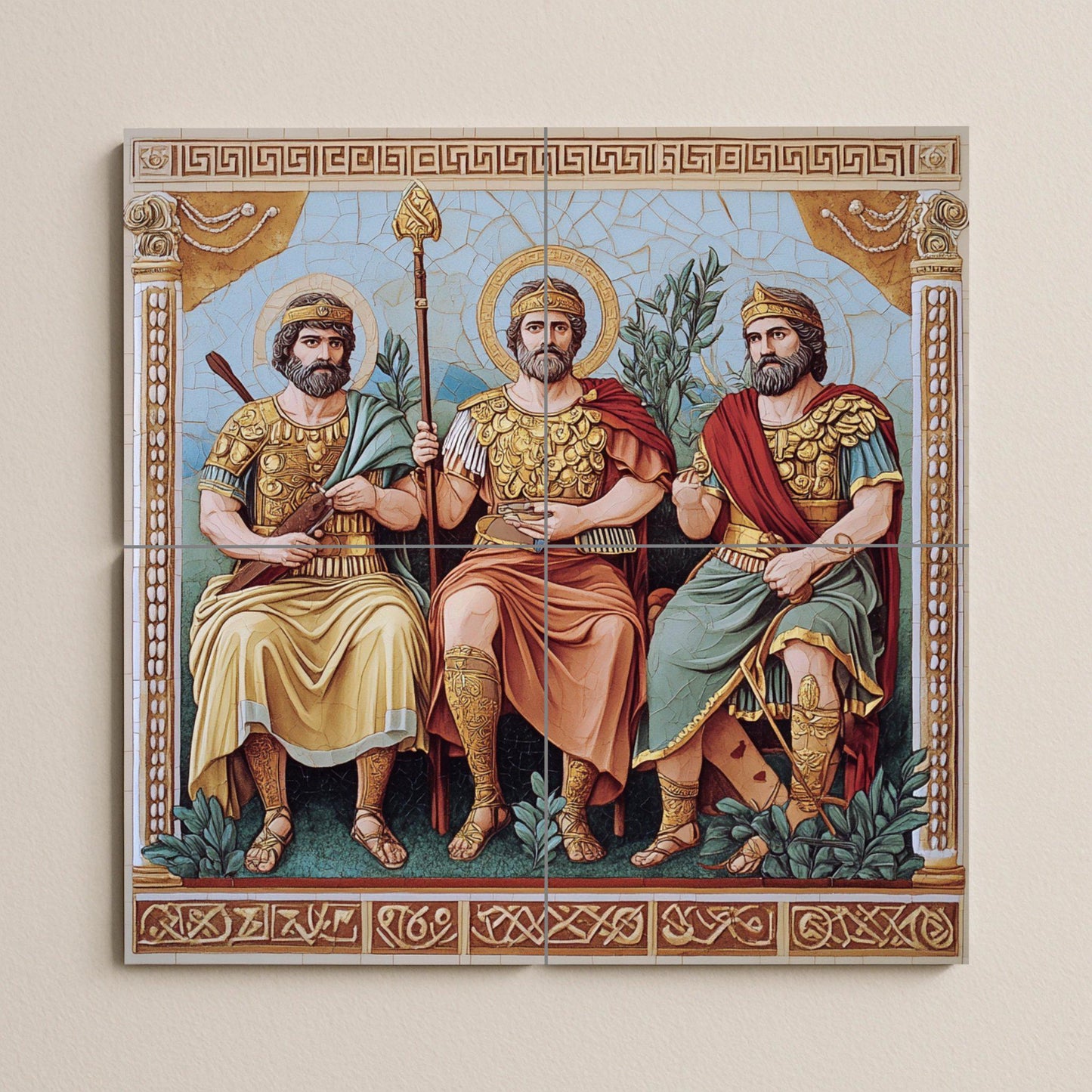Ceramic mural of Byzantine kings in golden armor and sacred halos, historical religious tile art, handmade cultural decoration