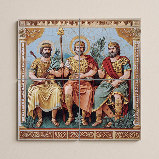 Ceramic mural of Byzantine kings in golden armor and sacred halos, historical religious tile art, handmade cultural decoration