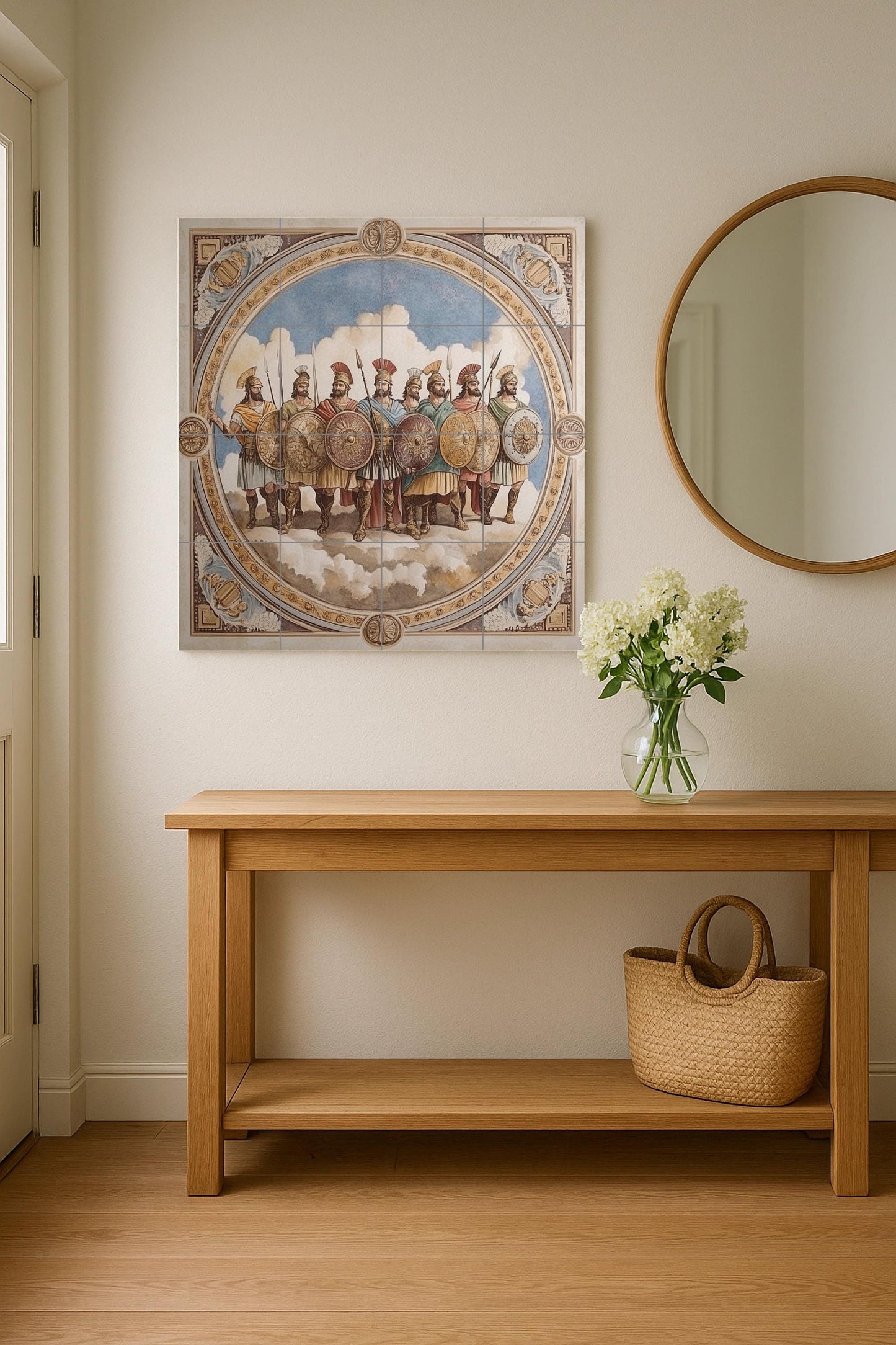 Ceramic wall mural of ancient warriors with Roman soldiers and shields, classic battle tile art, handmade historical cultural decoration