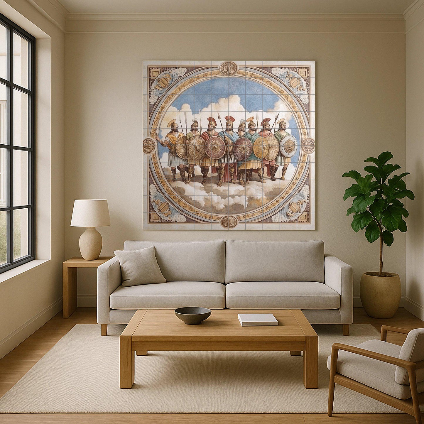 Ceramic wall mural of ancient warriors with Roman soldiers and shields, classic battle tile art, handmade historical cultural decoration