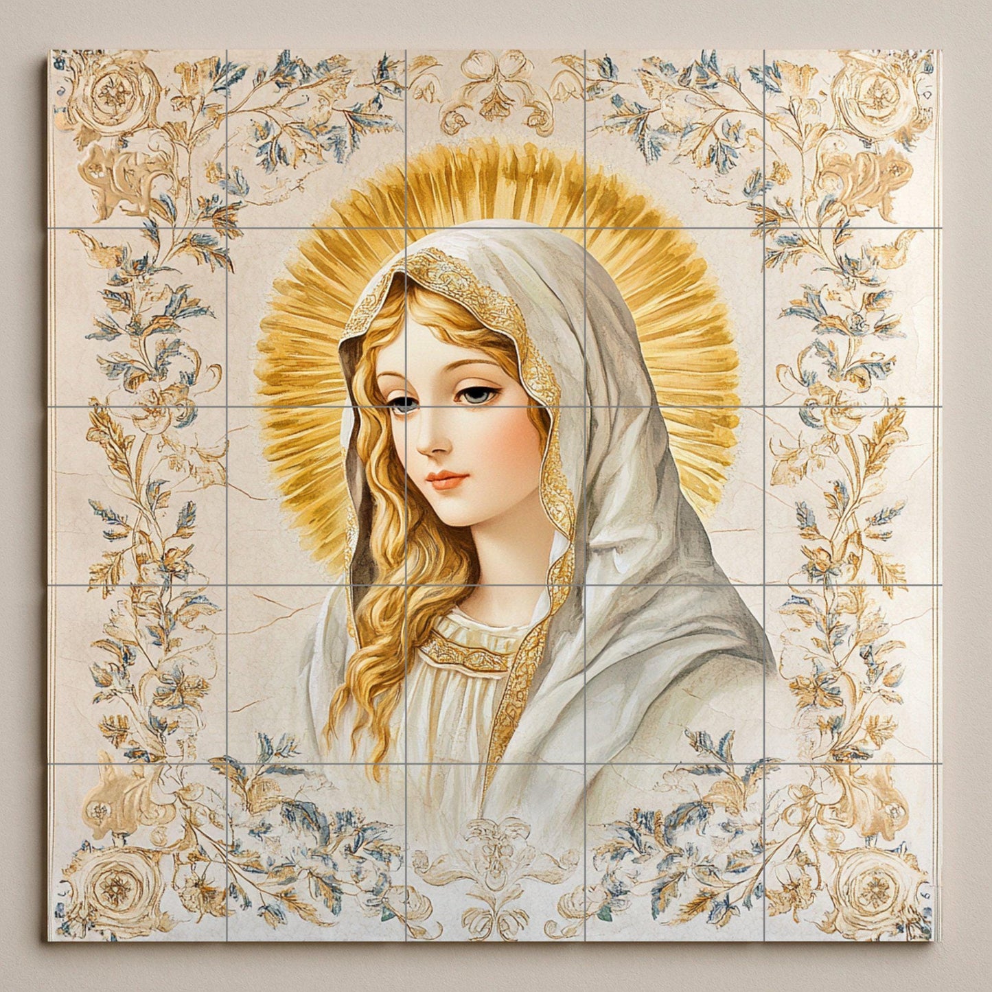Ceramic wall mural of the Virgin Mary with a golden halo and floral ornaments, sacred religious tile art, handmade Catholic spiritual decoration