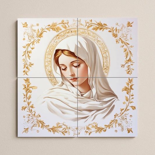Ceramic wall mural of the Virgin Mary with a golden halo and floral ornaments, sacred religious tile art, handmade Christian spiritual decoration